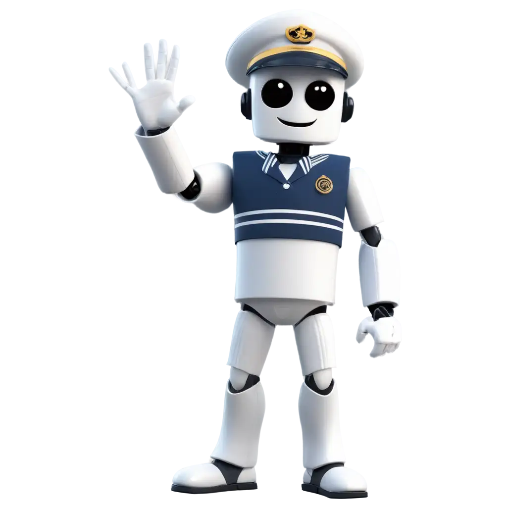 crea un robot vestido de marino, con su traje color blanco, realizando un saludo militar, sonriendo, estilo caricatura en 3d