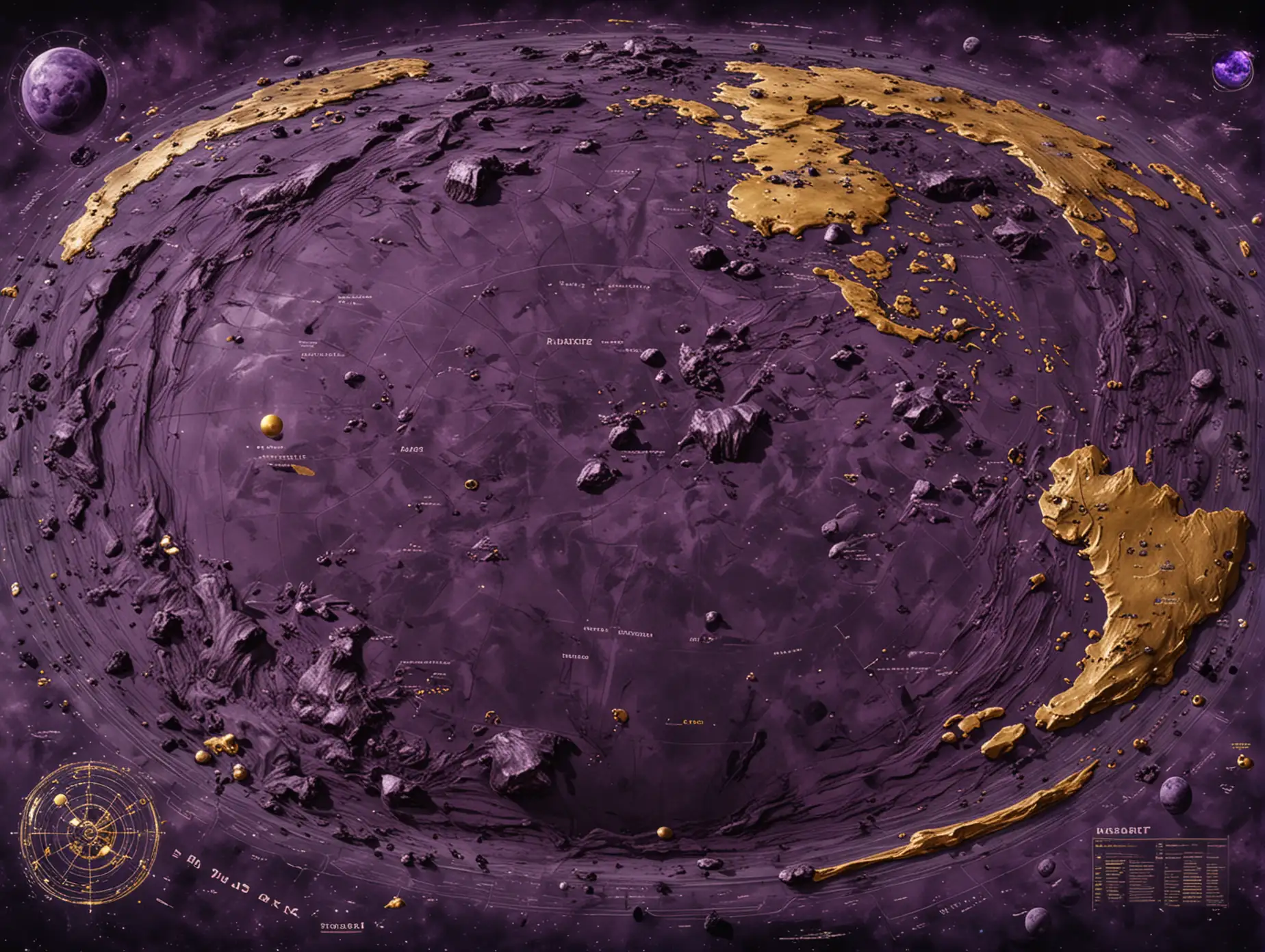 A Very huge unexplored abandoned Black-purple Planet's huge map without subtitles and signs. The map's from the total top. The map is abandoned and extinct, The map's majority is PLAIN but some ore and gold sites can be found on the map