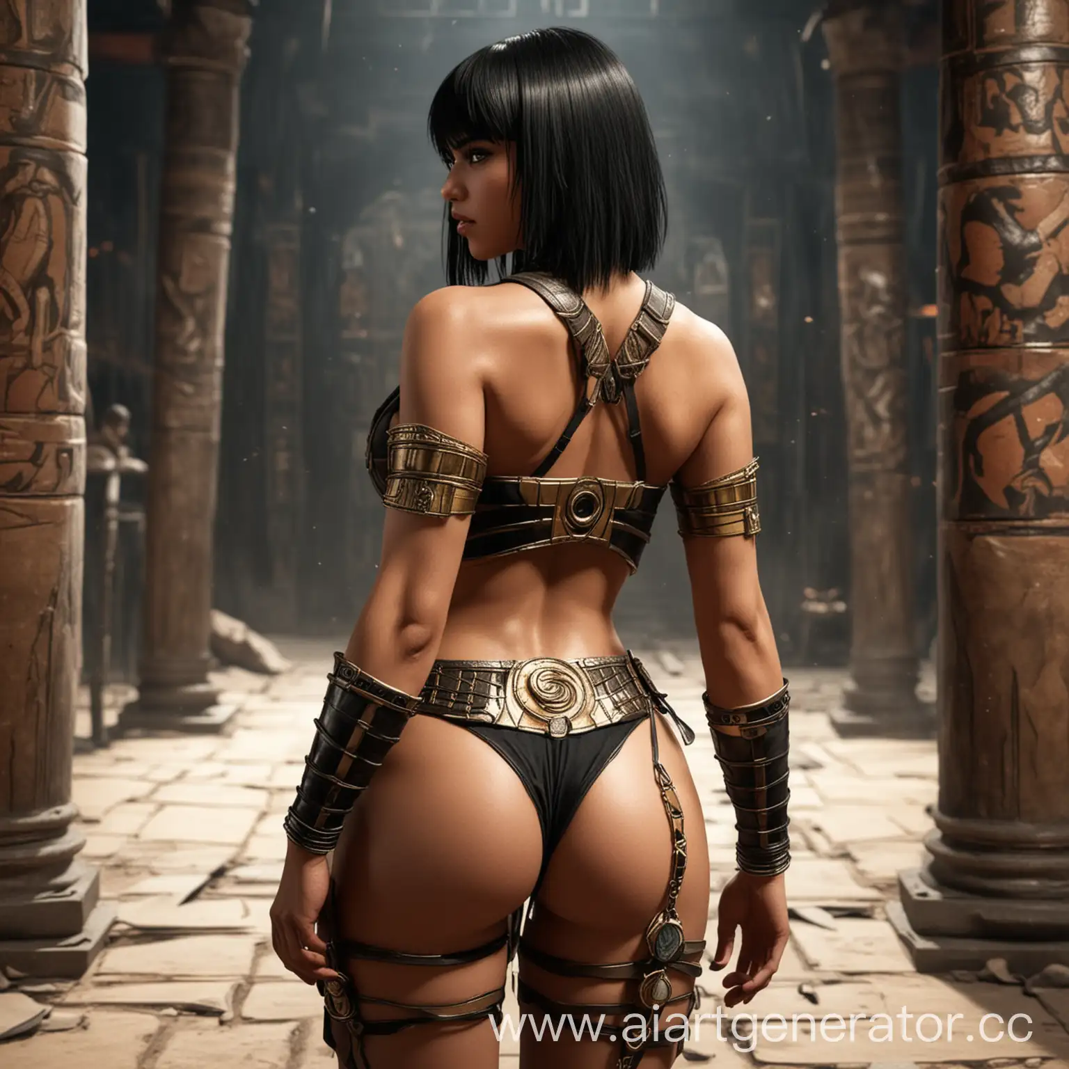 Девушка, Мортал Комбат, египетский стиль, черные волосы, челка, попка, стоит спиной, стринги

