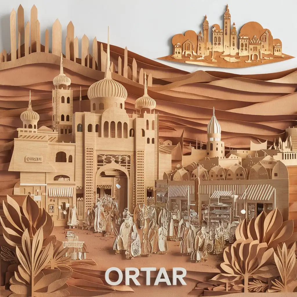 Ortar Market Laser Cut Paper Illustration Eastern Kazakhstan City in Beautiful Sandy Colors