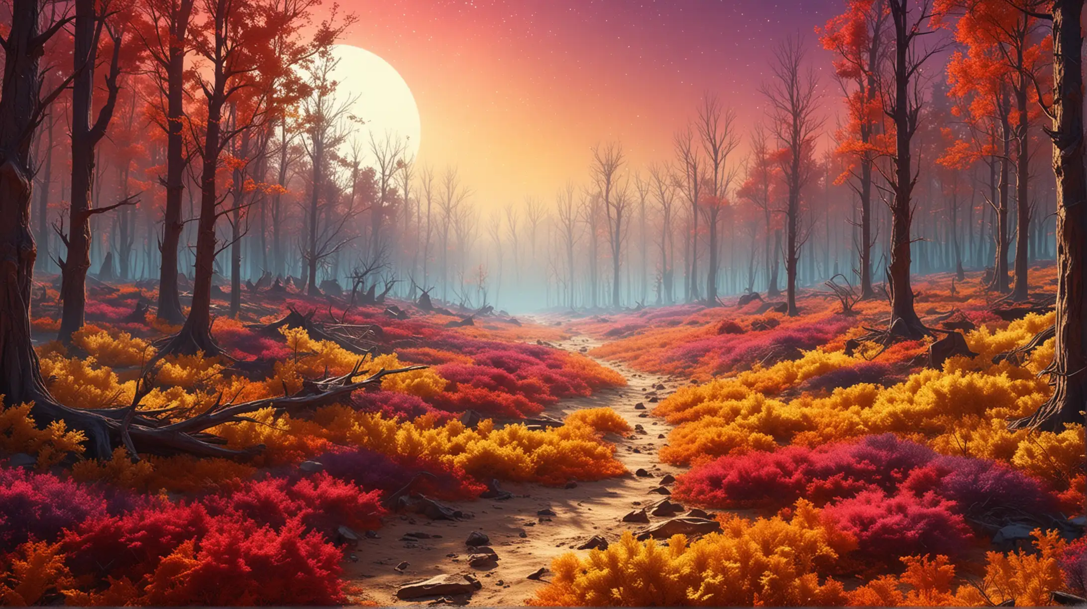 extremely colorful forest on a distant planet, gold dust in the air, high noon