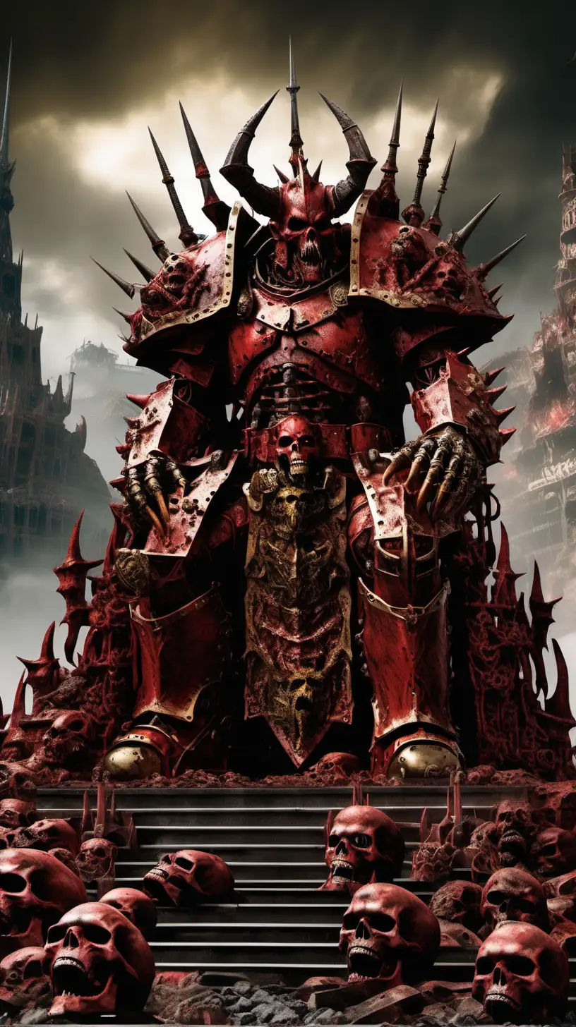 enourmous giant Khorne with demonic face and gold titanic armour, great brass throne sits upon a mountain of skulls, from Warhammer 40000, skulls and rivers of blood on background,  hyper-realistic, photo-realistic