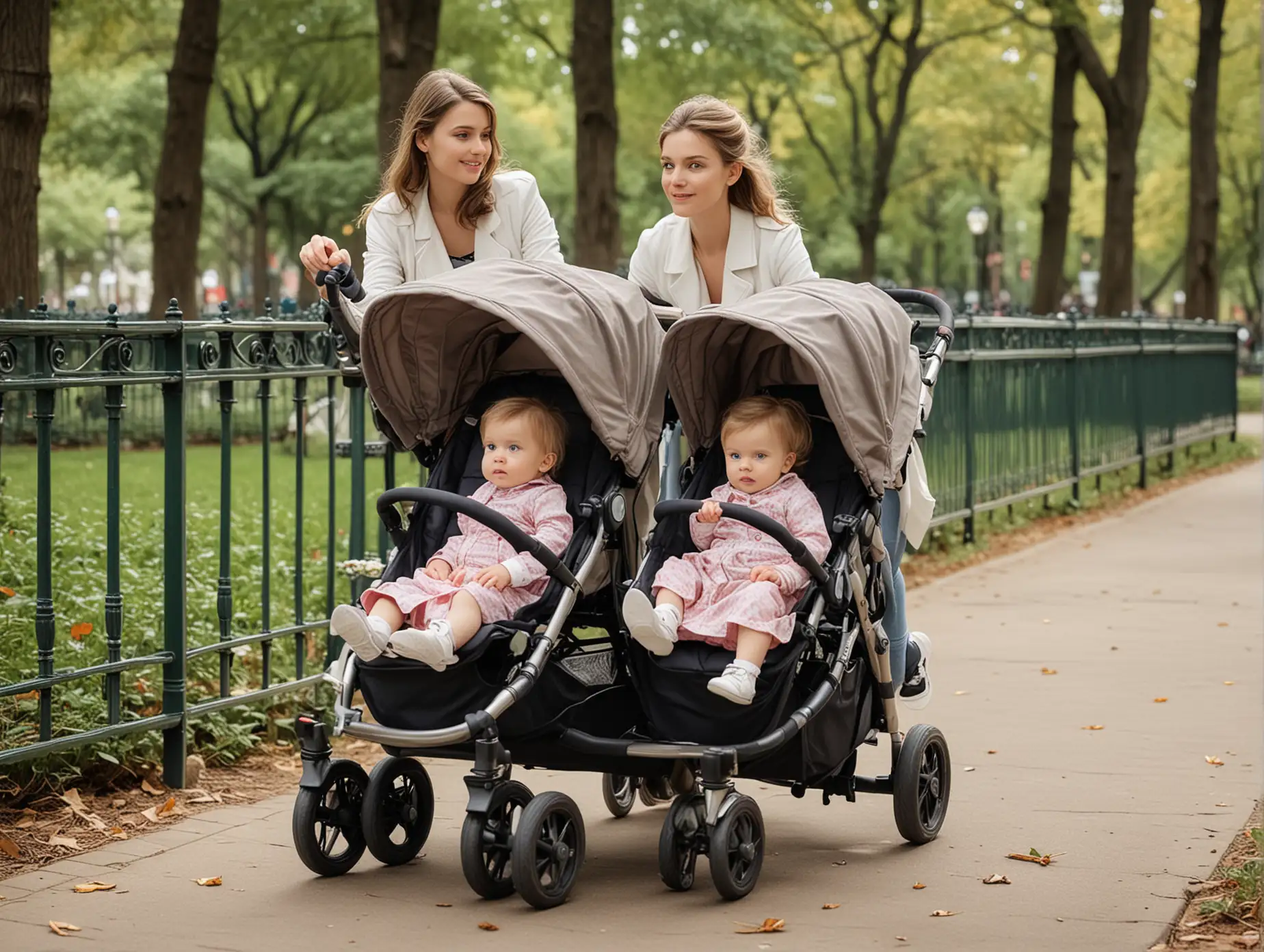 Mother with Twin Babies in Park Realistic Photograph