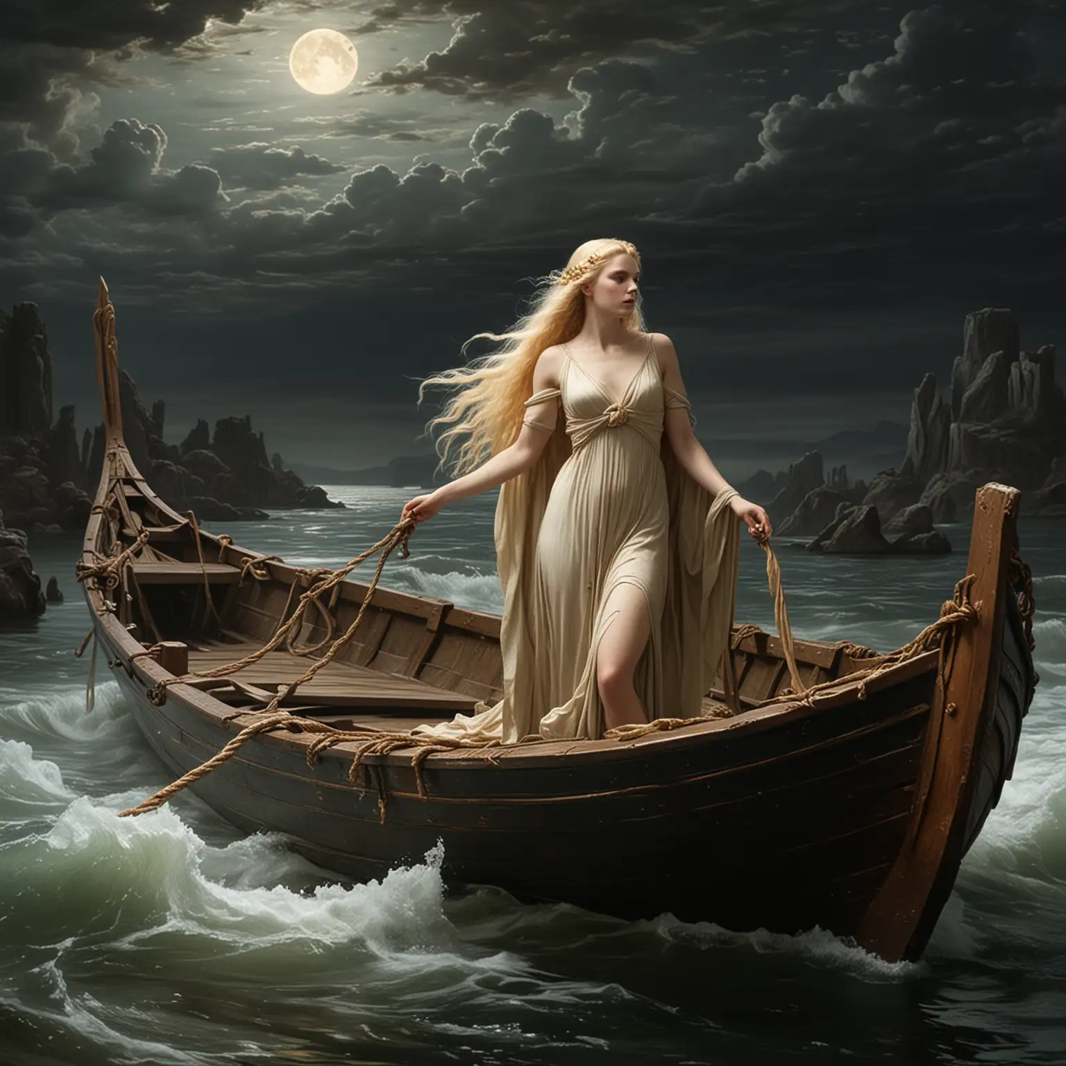 the boat of Charon with a blonde Persephone