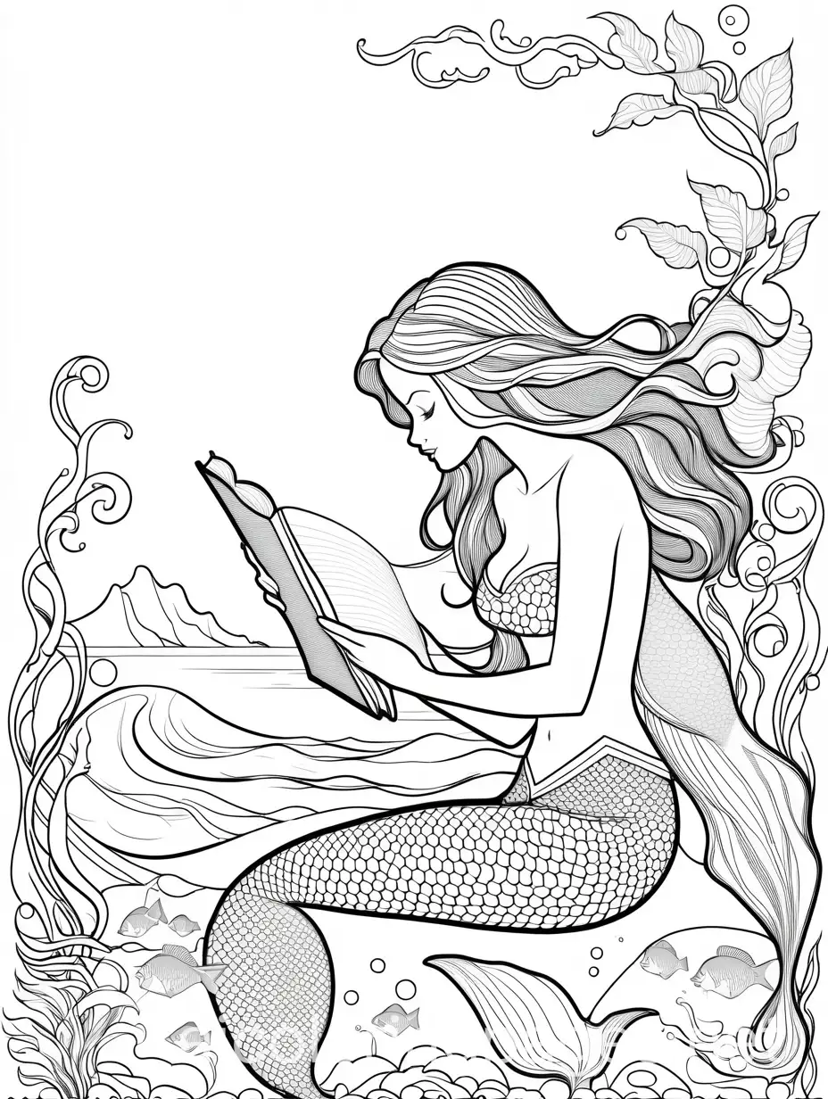 A mermaid reading a treasure map., Coloring Page, black and white, line art, white background, Simplicity, Ample White Space. The background of the coloring page is plain white to make it easy for young children to color within the lines. The outlines of all the subjects are easy to distinguish, making it simple for kids to color without too much difficulty