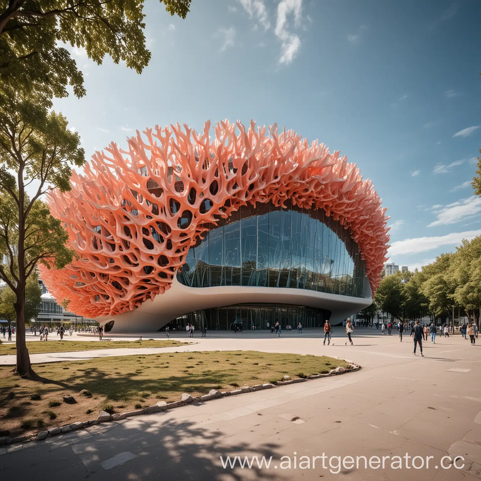 футуристичное здание концертного зала в виде кораллов снаружи который стоит на улице в парке
