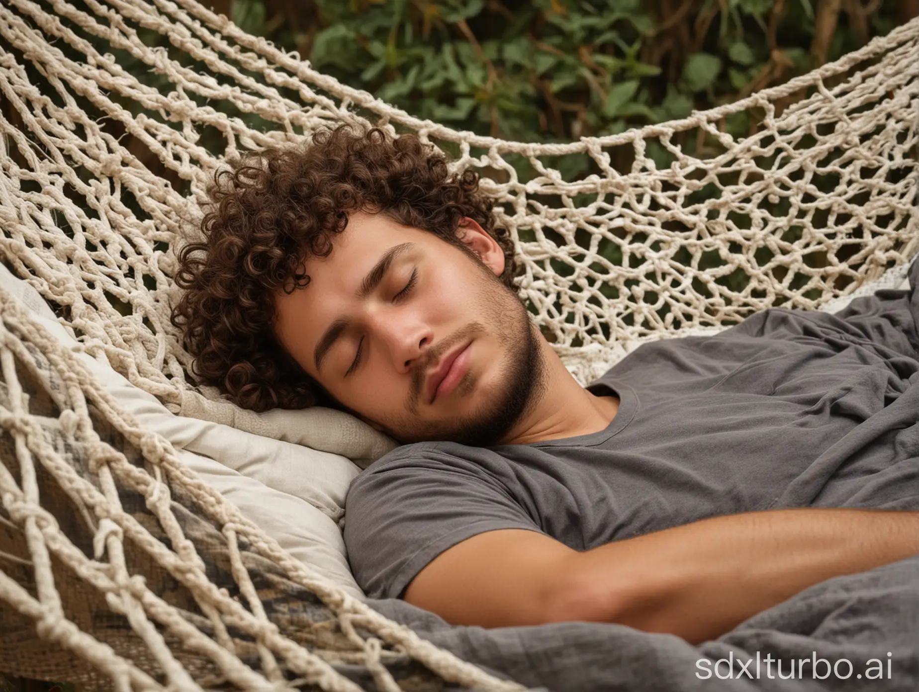 curly man sleeping on a hammock, side view
