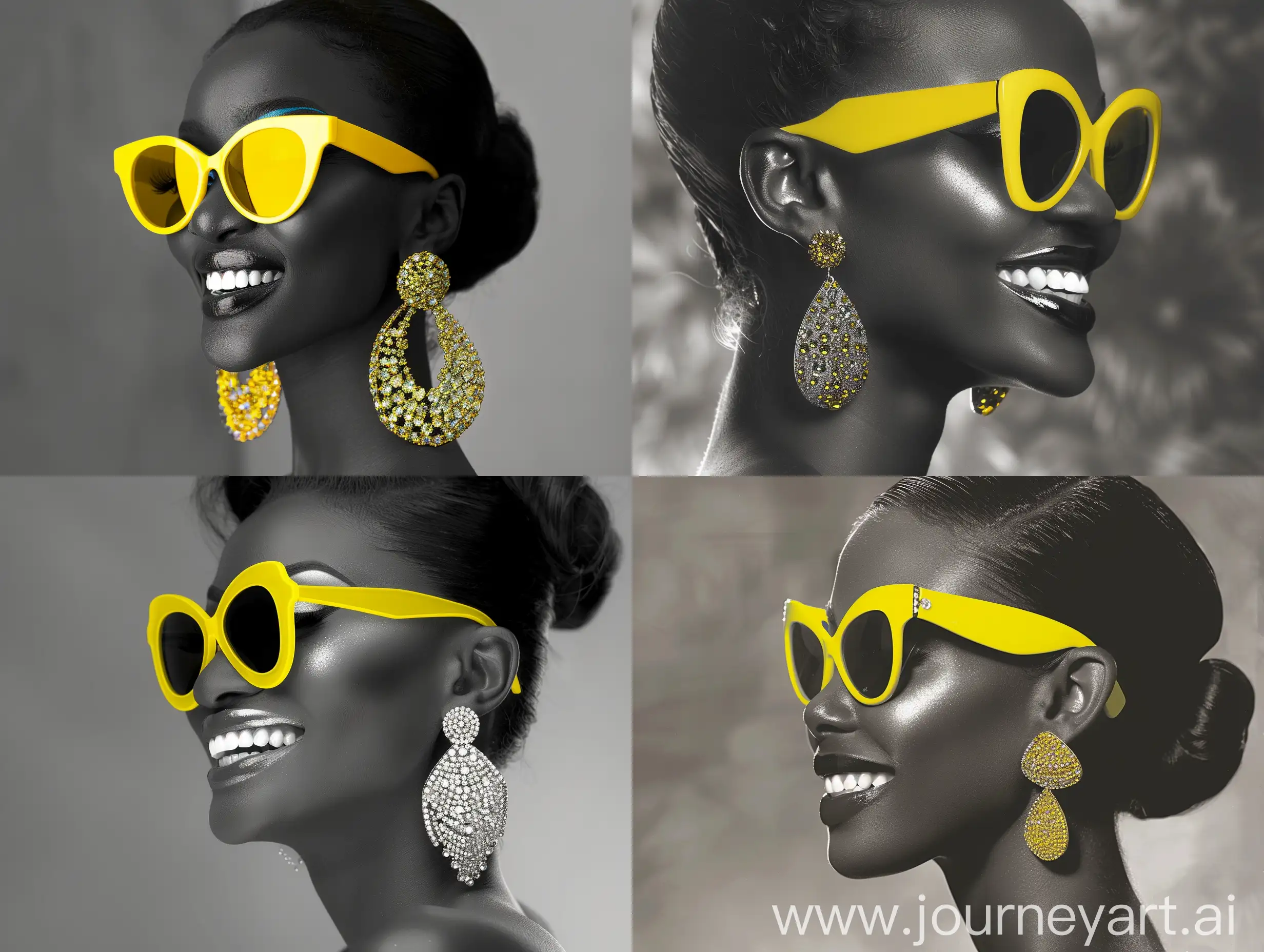 The image is a monochromatic portrait with one strikingly colorful element: a pair of bright yellow sunglasses. The sunglasses stand out vividly against the grayscale tones of the rest of the photograph. The subject is a woman with a beaming smile and flawless skin, exuding confidence and joy. She wears large, glamorous earrings that sparkle with many tiny reflections, suggesting they are encrusted with gems or crystals. Her hair is styled in a sleek updo, further accentuating the elegance of her overall look. The bright yellow of the sunglasses contrasts with the woman's dark lashes and brows, drawing attention to her joyful expression and adding a playful touch to the otherwise sophisticated and classic portrait styling. The background remains out of focus, ensuring that the viewer's attention remains on the woman and her striking accessories.