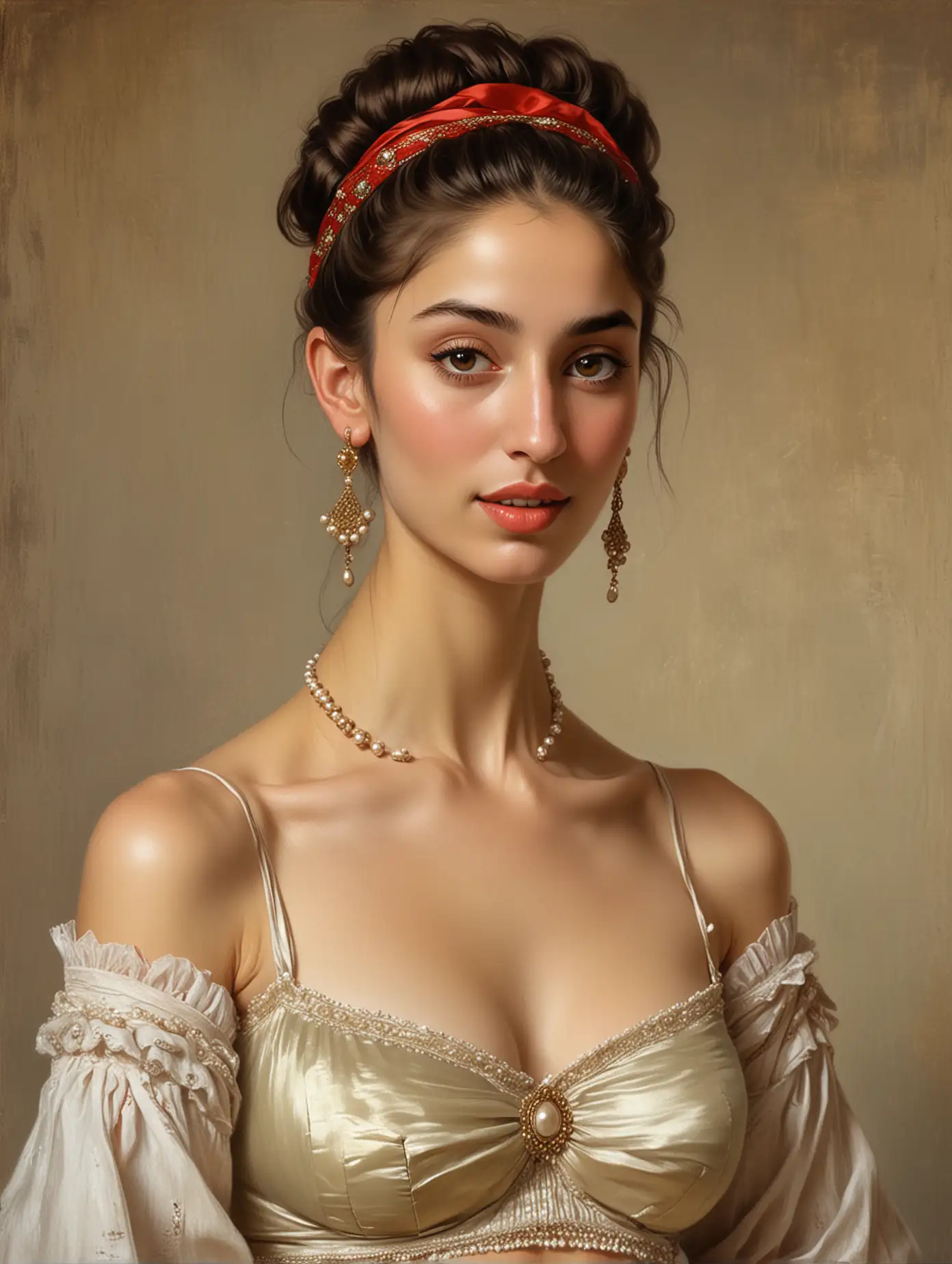 Degas extremely detailed oil painting of a very skinny  incredibly beautiful ancient Afghanistan princess with pearl earrings  with very thick eyebrows showing a lot of cleavage with underarm hair dancing the Flamenco with hair in a bun in bikini, digital art