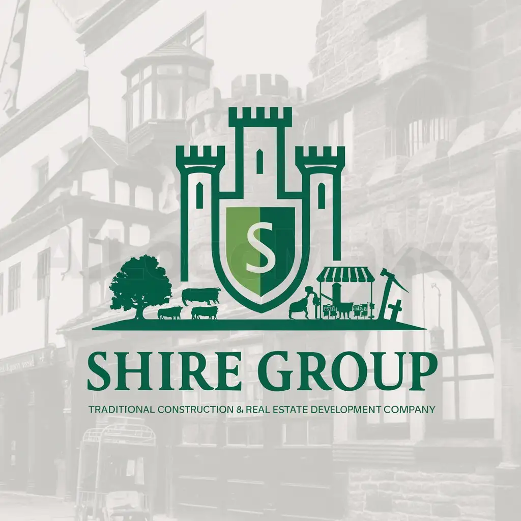 a logo design,with the text "Shire Group", main symbol:a logo design,with the text 'Shire Group', main symbol: Create a logo for my company called 'Shire Group'. The style should be traditional, with a color palette that includes green. It could be only green or green with other colors. Shire Group is a construction and real estate development company specializing in traditional stone construction homes and development of agricultural neighborhoods. Our homes are natural, built in a traditional style, and connected to the outdoors, durable, and oriented to community interaction. The people who buy our homes value living in community, participating in the production of food, enjoy homesteading, appreciate historical architectural styles, and enjoy the outdoors. Many of the people interested in our homes are religious and appreciate the religious art in our neighborhoods. Some symbols that we connect with our brand: castle, tower, shield, tree, livestock, market, medieval or renaissance fonts and styles, fantasy fiction stories, hammer, chisel.,complex,be used in construction and real estate development company industry,clear background