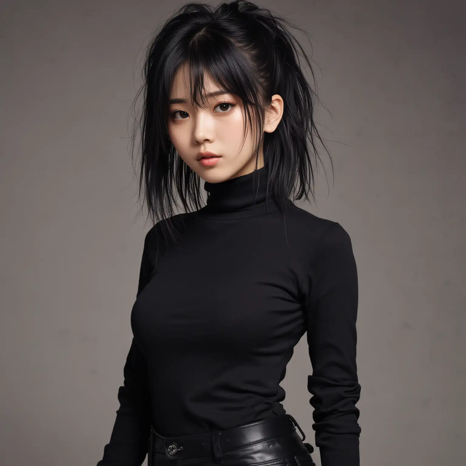 Very cool Chinese girl with a round face, wearing a black slim-fit suit and a black half-turtleneck sweater, shoulder-length black messy hair, Japanese anime style