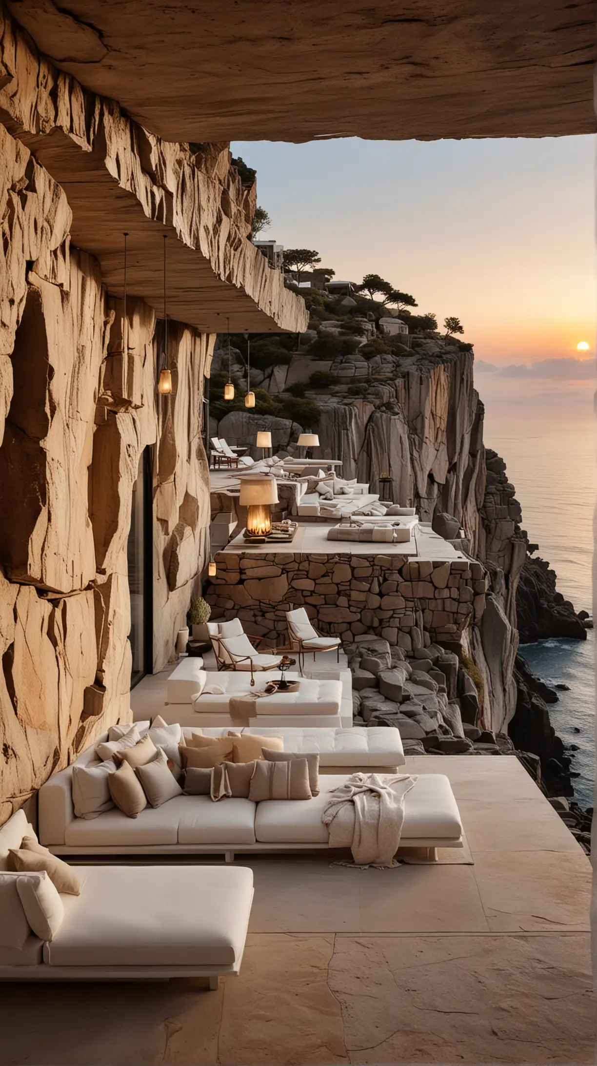 "A minimalistic cliffside villa interior, integrated into a rugged rock formation. Clean lines, modern white furniture, hanging lanterns, and floor-to-ceiling windows showcasing a breathtaking sunset. Soft, natural lighting emphasizing the rocky textures. Calm, elegant, and minimalist ambiance."
