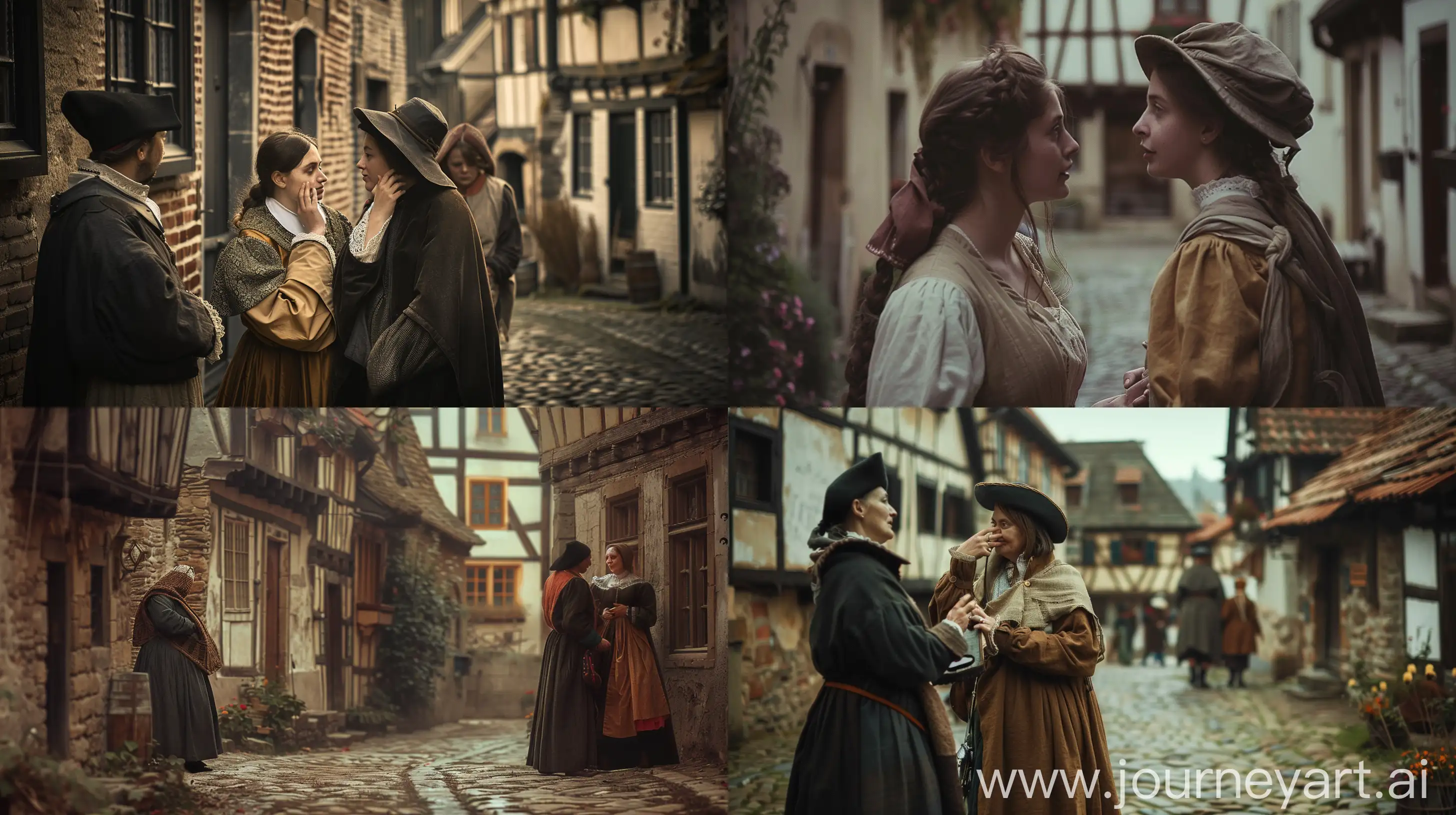 16th century style scene, townsfolk whispering secrets, high depth of field, intimate conversation, cobblestone streets, rustic buildings, vintage attire, reminiscent of Vermeer's lighting and composition, subtle expressions, candid capture, historical photography aesthetic --ar 16:9 --v 6