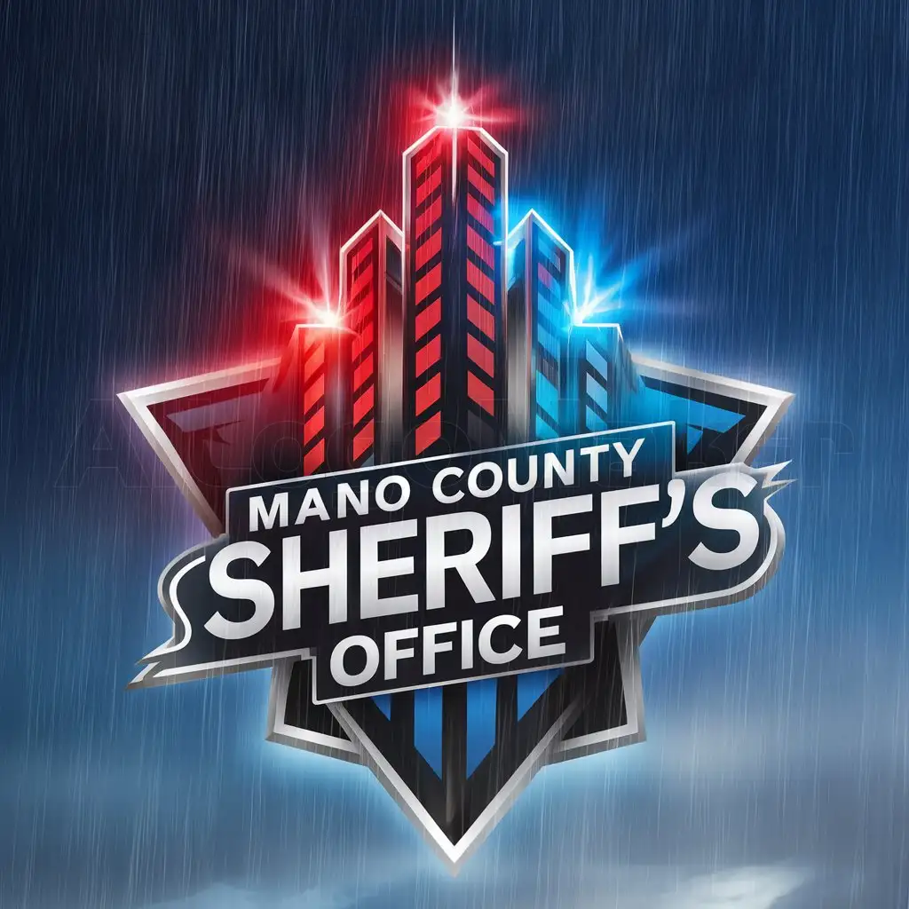 a logo design,with the text "Mano County Sheriff’s Office", main symbol:Skycrapers flashing red and blue lights with rain pouring down from the sky,Moderate,clear background