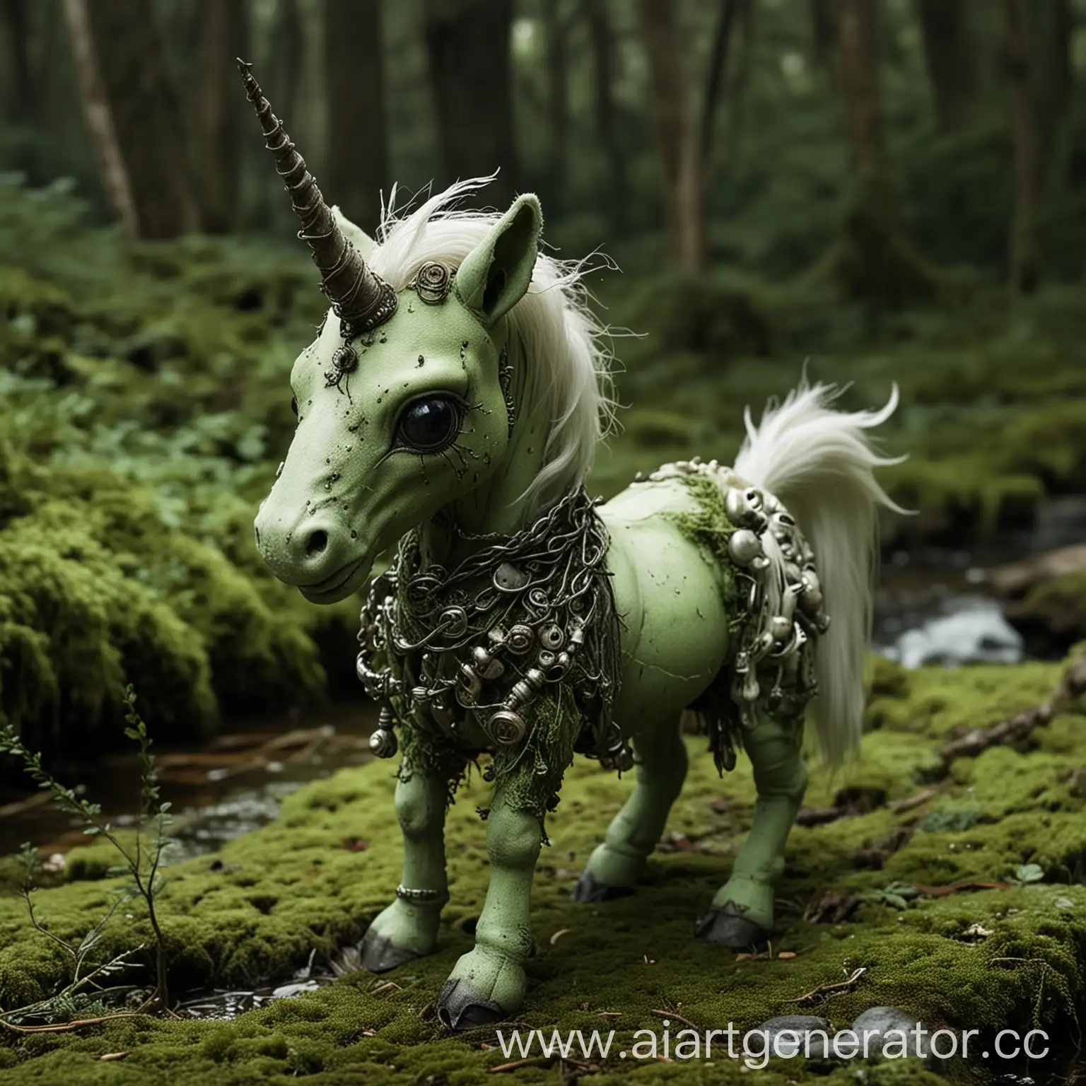 a unique creature that combines features of a plushie and a cursed unicorn. The creature possesses small, dark buttons on its elbows, a default coloration like that of a river, and limp seaweed draped over its neck and tail. Some notable characteristics include seam lines, a glowing lantern and chains on its horn, and a "hollow" torso revealing bones, suggesting possible injury or decay. The green, moss-covered or rotten flesh hints at its prolonged existence in a swamp. This creature exhibits doll-like movements due to its wooden joints.