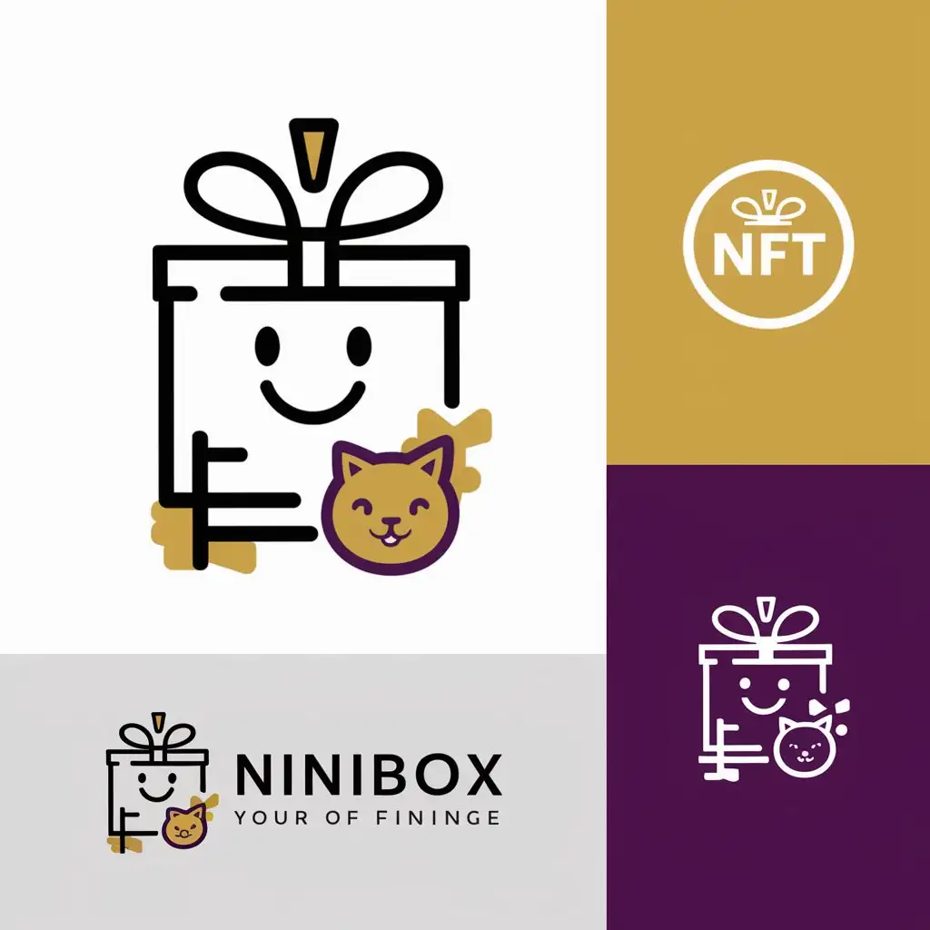 a logo design,with the text "ninibox", main symbol:Logo concept: Elements: gift box, smiley face, exclamation mark, NFT icon, cat/unicornnColour: Bright gold and purple, symbolising luxury and mystery.nStyle: Modern and minimalist, with a little cartoon elements, to attract young peoplenDesign description:nGift box image: represents the blind box, conveying the concept of ‘surprise’; the cat/unicorn is the brand image and luck.nSmiley face and exclamation mark: expresses the user's satisfaction and surprise experience.nNFT icon: reflecting the technological and innovative attributes of the platform.,Moderate,be used in Finance industry,clear background