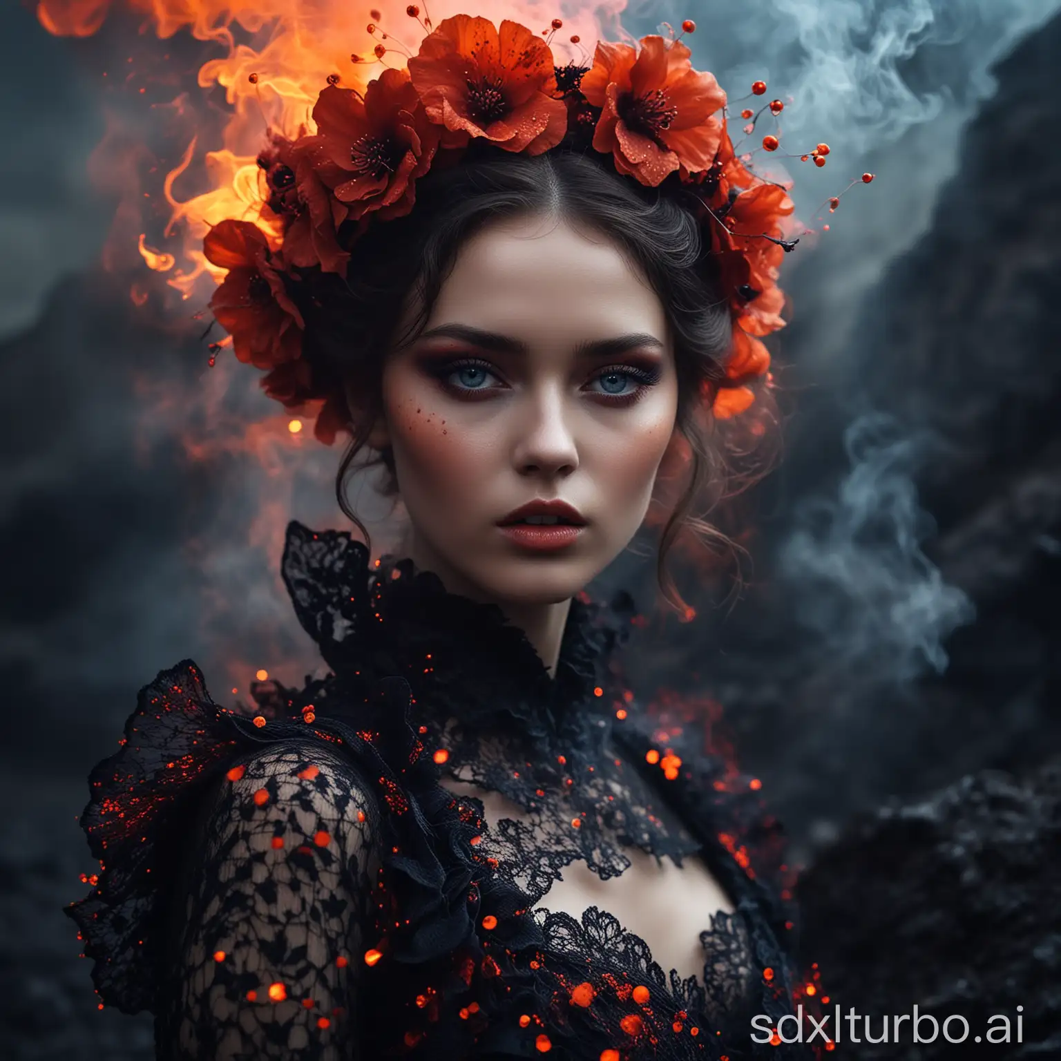 Fashion Photography, a hauntingly beautiful contrast – a model, beautiful, her eyes blue and luminous, embodies ethereal grace in a black and red Backlighting illuminates the volcanic landscape, smoke swirling around her like a misty dream, volcanic flowers glowing with biomorphic orange dots, couture rococo