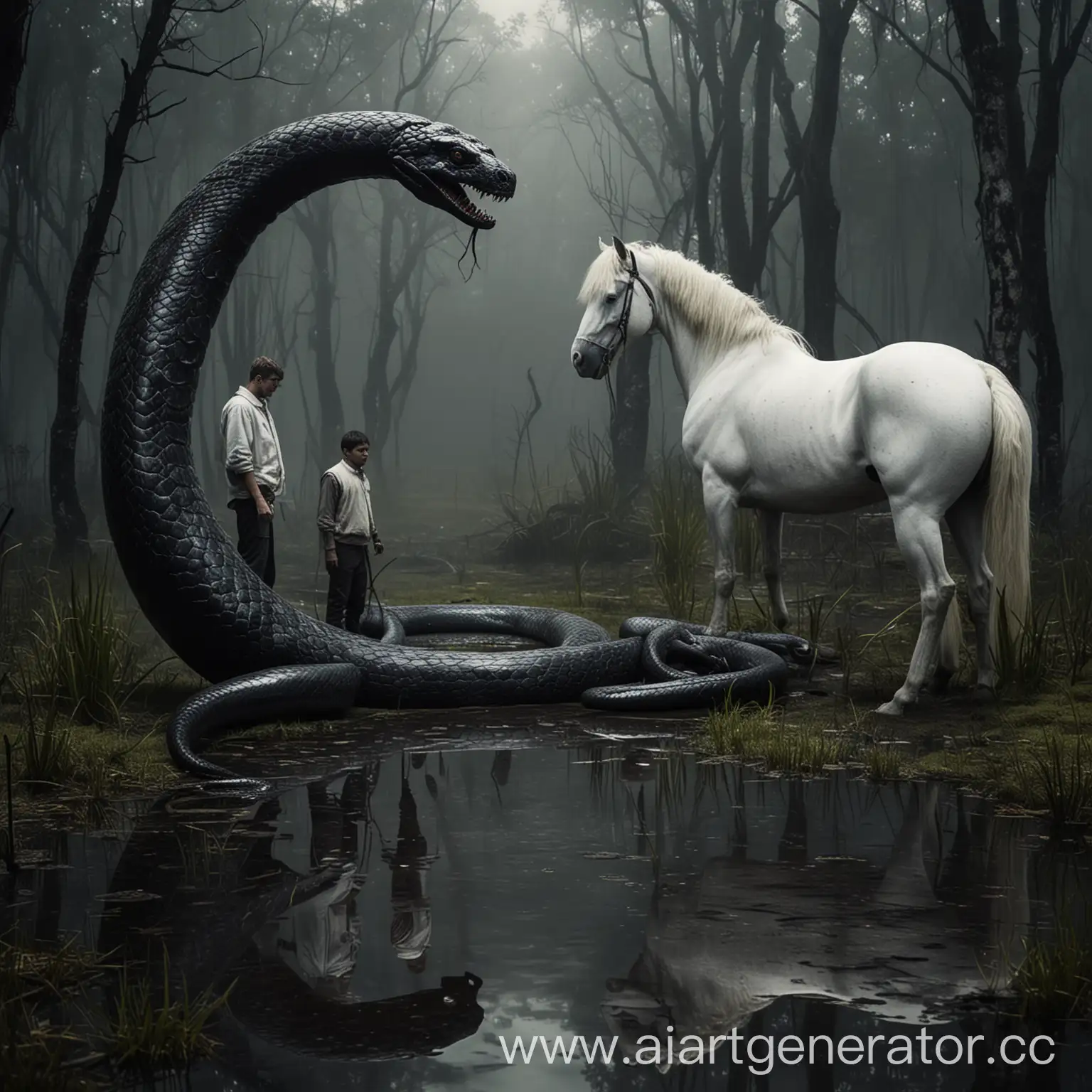 Men-Observing-Giant-Black-Snake-in-Dark-Swamp-with-White-and-Black-Horses