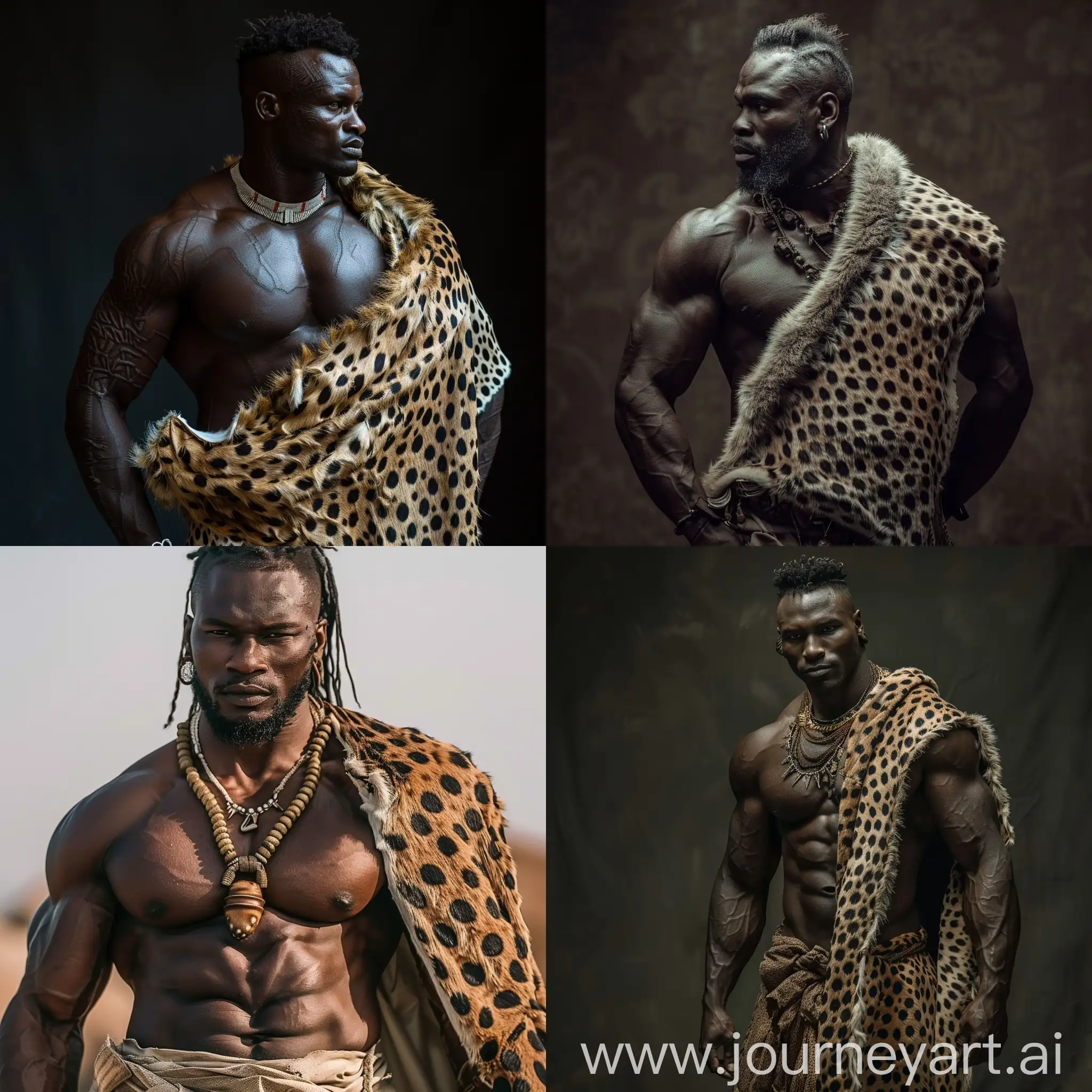 african muscular king warrior  wearing a cheetah skin tunic