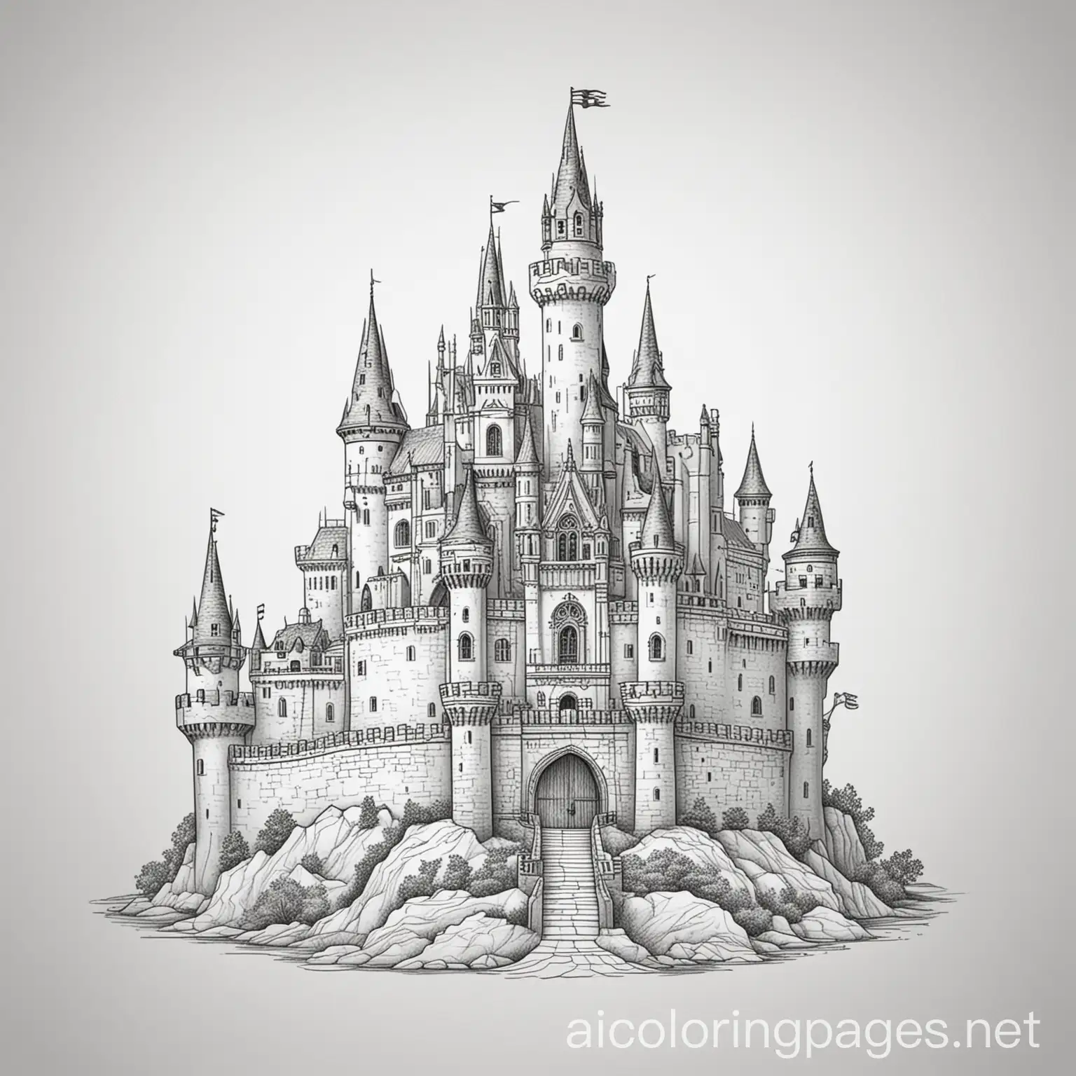 castle, Coloring Page, black and white, line art, white background, Simplicity, Ample White Space. The background of the coloring page is plain white to make it easy for young children to color within the lines. The outlines of all the subjects are easy to distinguish, making it simple for kids to color without too much difficulty