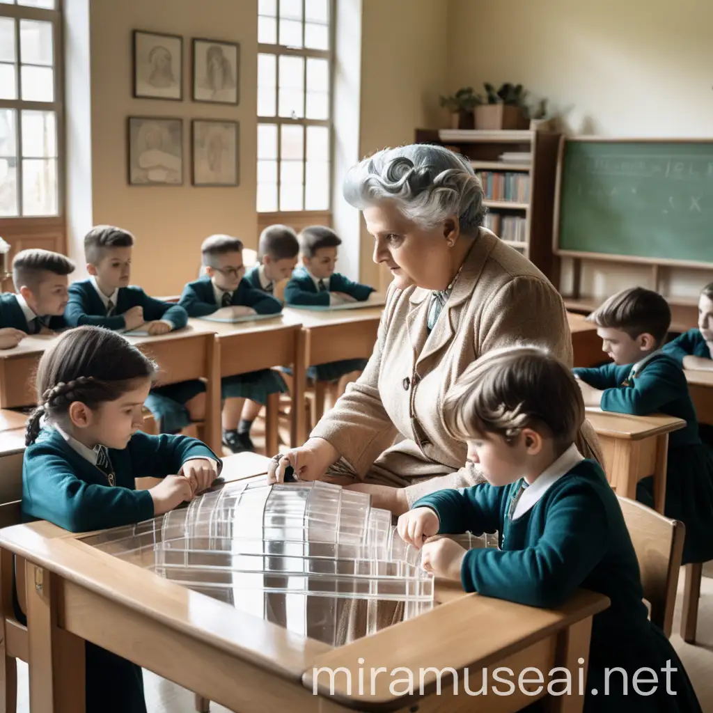 Transparent Maria Montessori in a classroom with students studying. 