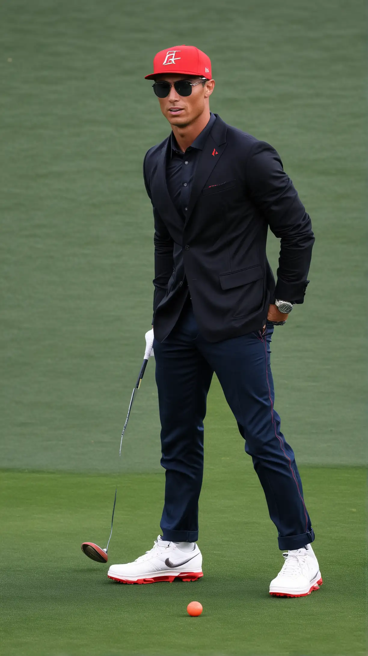 Cristiano Ronaldo black jacket red hat blue pants white shoes. Playing Golf Glasses hat. Long front shot