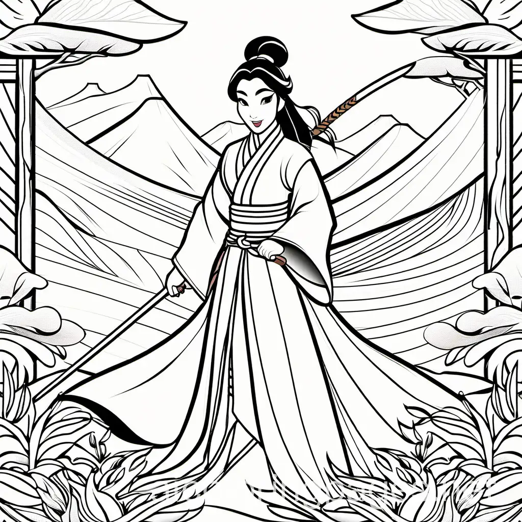 MULAN, Coloring Page, black and white, line art, white background, Simplicity, Ample White Space. The background of the coloring page is plain white to make it easy for young children to color within the lines. The outlines of all the subjects are easy to distinguish, making it simple for kids to color without too much difficulty