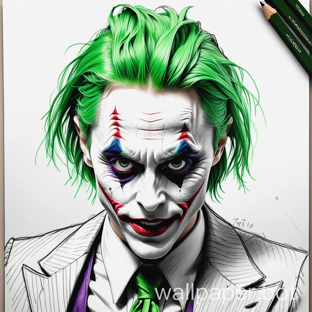 Sketch croqui drawing, Jared leto as joker from the suicide squad style, very short green hair, front face, hard pencil, Rough charcoal sketch on old paper, beautiful male figure, clean line art, explosive Sketch line art, explosive hatching lines, white background --ar 68:128 --stylize 750 --v 5.2