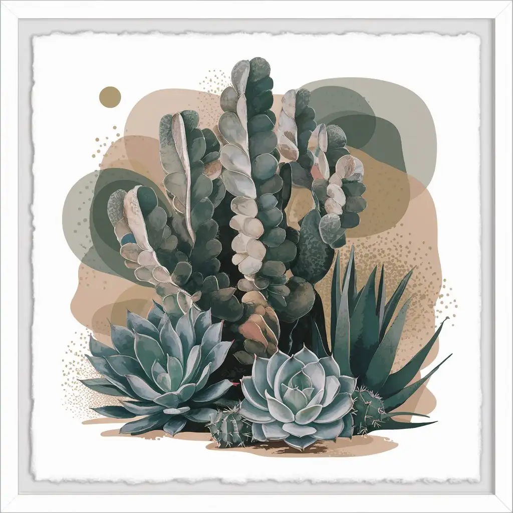 A modern art piece featuring a stylized Euphorbia fruticosa - Giromagi Cactus and Succulents
, Wabi-Sabi style, using Japandi colors with an abstract design, on a 100% white background