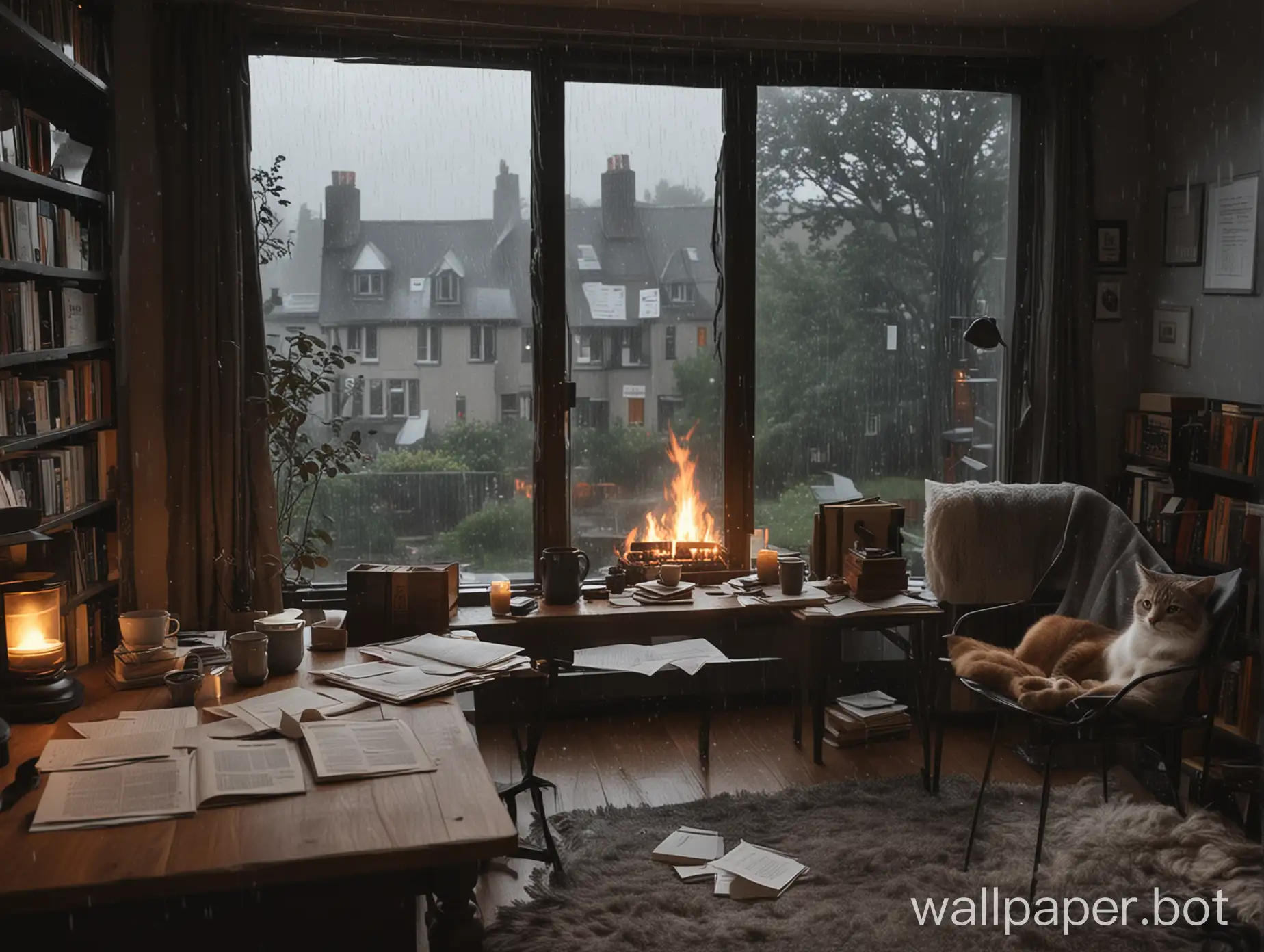 room with study table with papers and notes and study material and coffee on it, window where it is really dark outside and raining, fireplace lit with fire, chair in front of desk, bean bags, grey colored cat and bookshelf