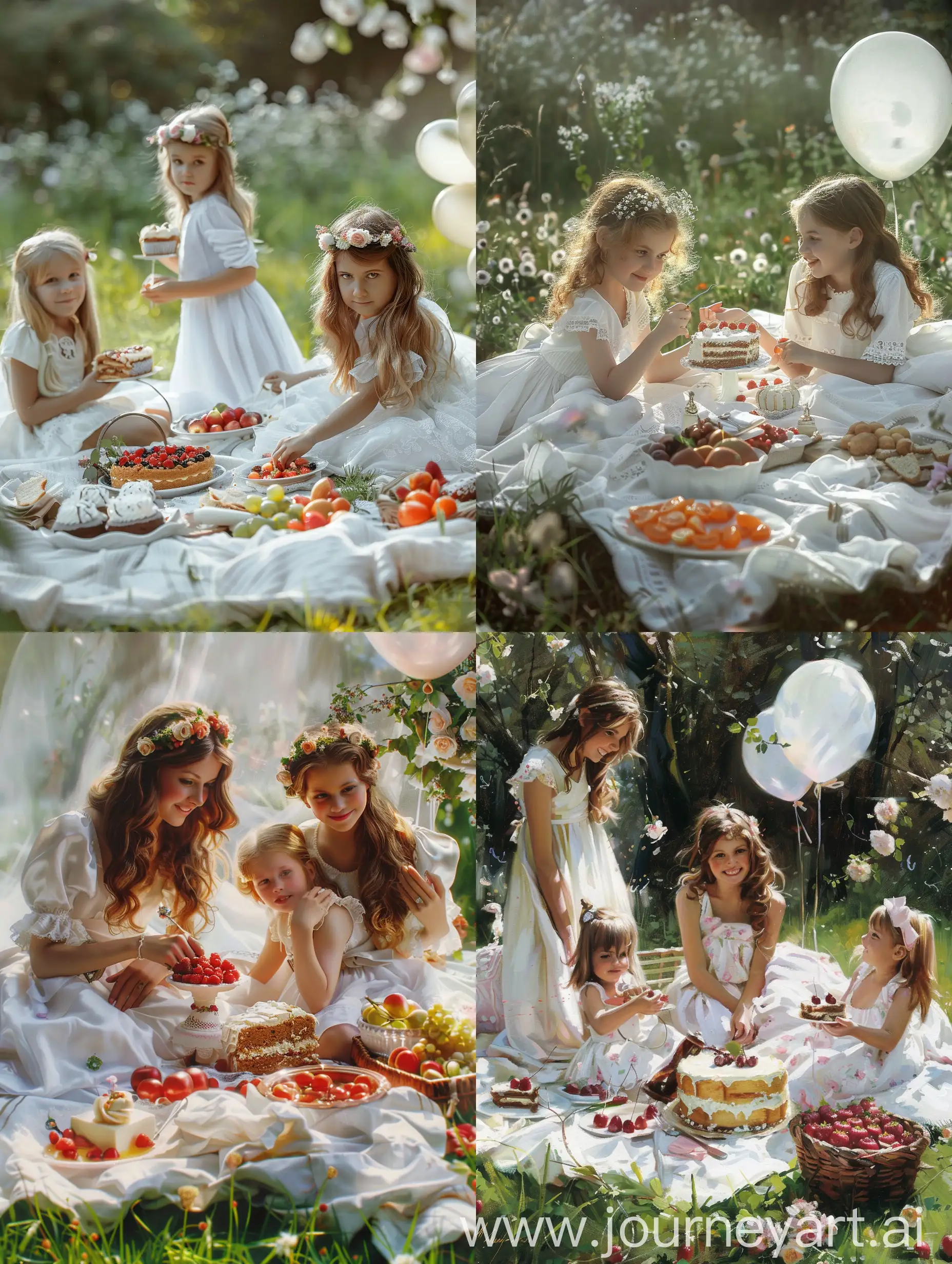 Picnic-with-Girls-in-White-Dresses-Joyful-Gathering-with-Fruits-Cake-and-Balloons