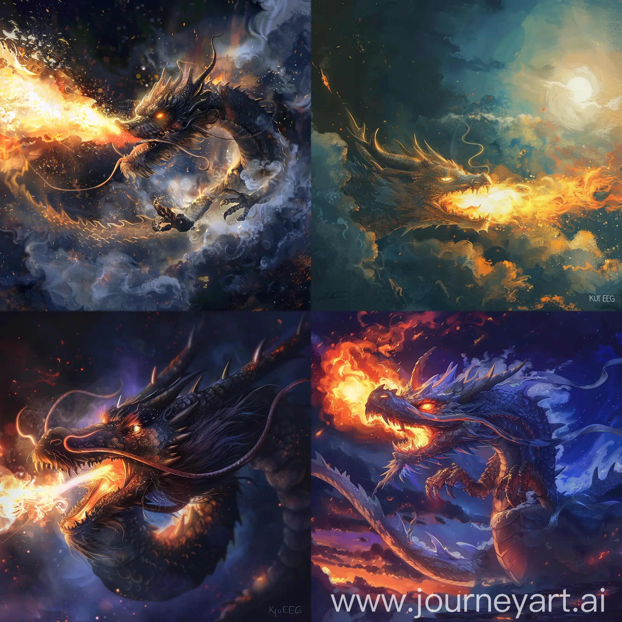 Anime style illustration of a dragon, blowing fire, midnight, fire element, art, epic, illustration by Kyutae Lee