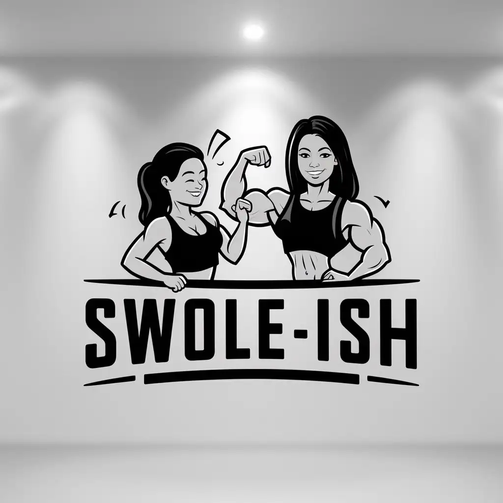 a logo design,with the text "Swole-ish", main symbol:one woman poking another woman's bicep muscle,Moderate,clear background
