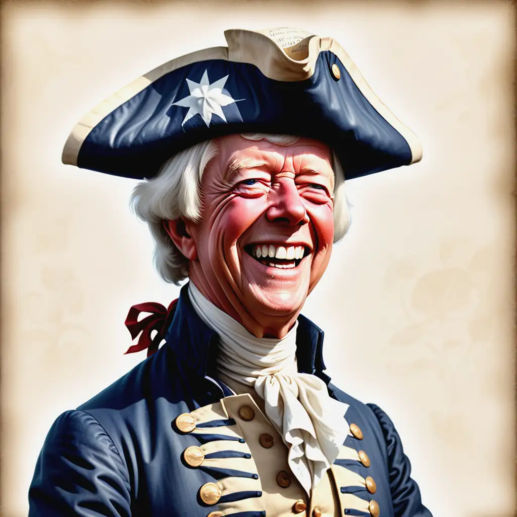 Very Cartoonish grinning Jimmy Carter in colonial period clothing and wig, American Revolutionary War imagery, United States 250th anniversary, Declaration of Independence, Freedom, celebration