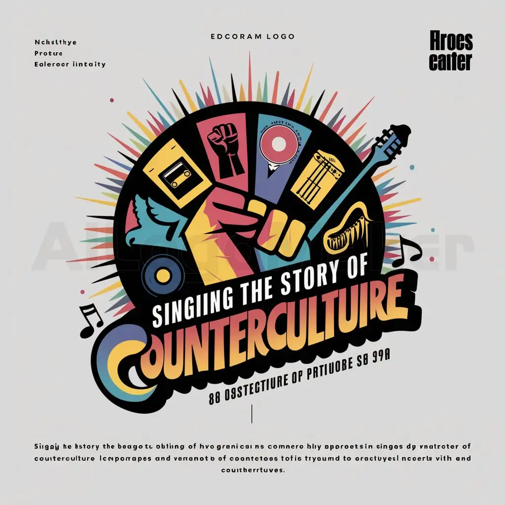 a logo design,with the text "Singing the Story of Counterculture", main symbol:Utilize vibrant colors and psychedelic shapes typical of the 60s and 70s to convey the atmosphere of the counterculture and musical movements of the time. Incorporate protest symbols such as raised fists, peace doves, flowers, or elements that represent the fight for freedom and equality, characteristic features of the protest music of these decades. Include iconic musical elements from the 80s and 90s, such as cassette tapes, vinyl records, stylized musical notes, or characteristic instruments of these eras. Choose a distinctive retro typography inspired by the protest posters of the counterculture for the name of the program 'Singing the History of Counterculture', highlighting the importance of music as a means of expression and resistance. Add visual elements that evoke specific movements such as the hippie movement, punk, or other relevant countercultural movements from the decades covered in the program.,complex,be used in Education industry,clear background