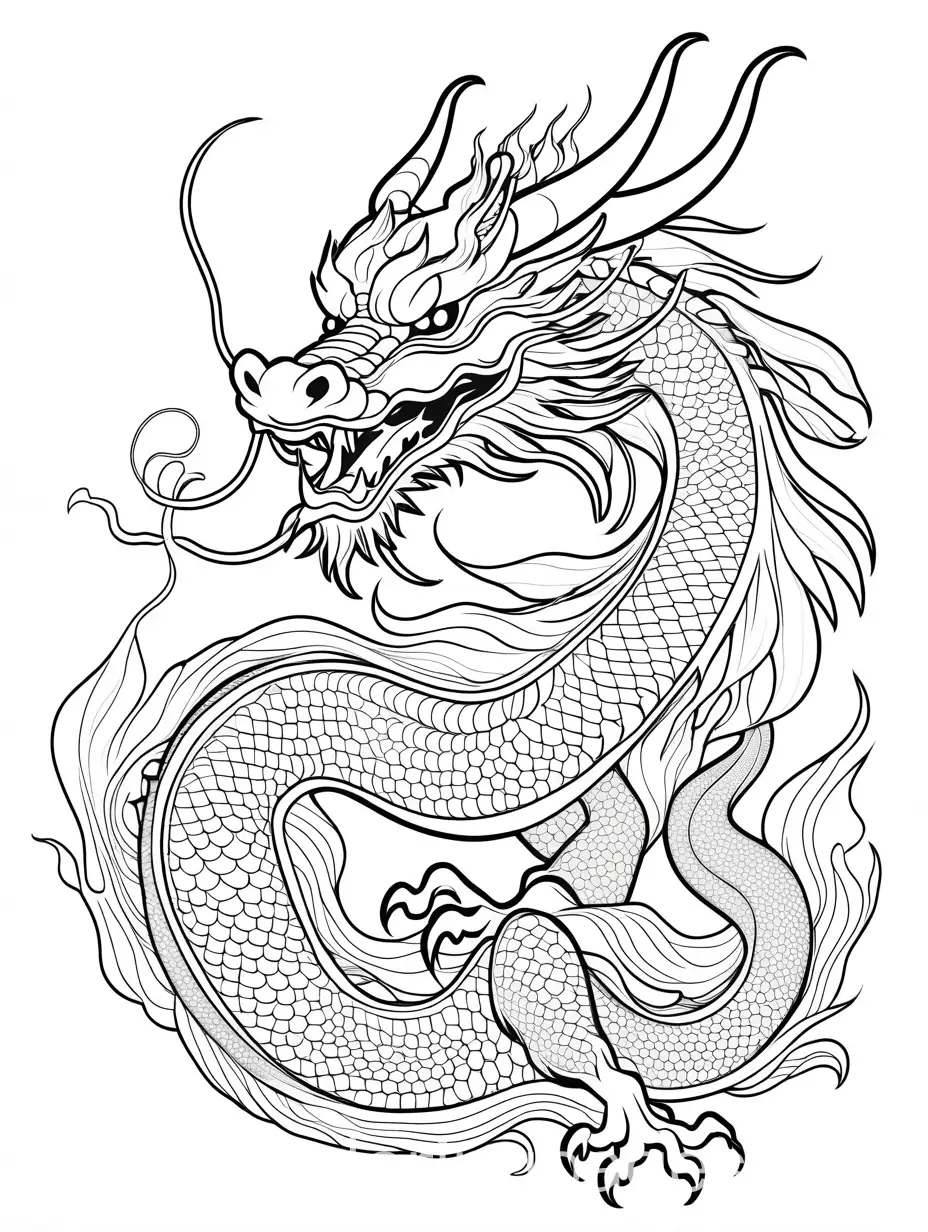 a Chinese dragon with a character 龙 in the picture, Coloring Page, black and white, line art, white background, Simplicity, Ample White Space. The background of the coloring page is plain white to make it easy for young children to color within the lines. The outlines of all the subjects are easy to distinguish, making it simple for kids to color without too much difficulty