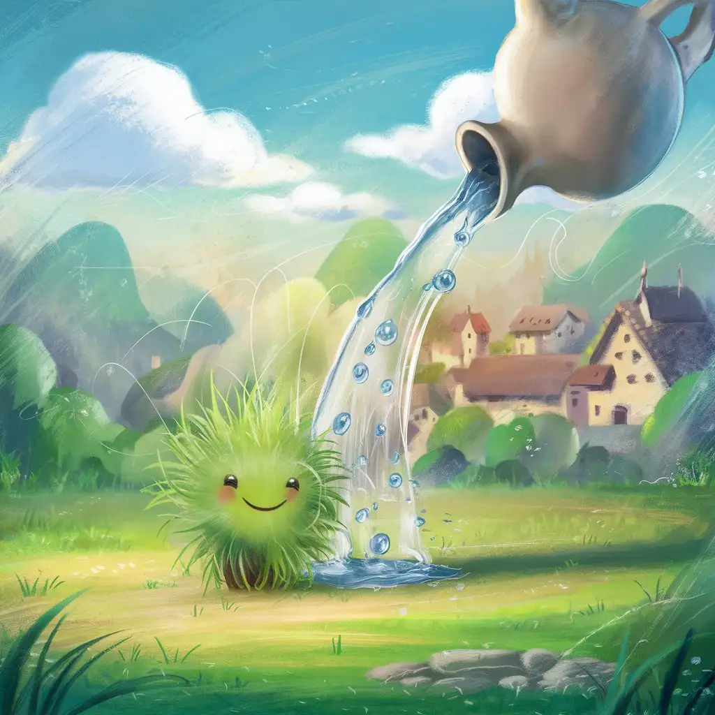 Artistic-Scene-of-Watering-Small-Grass-Characters