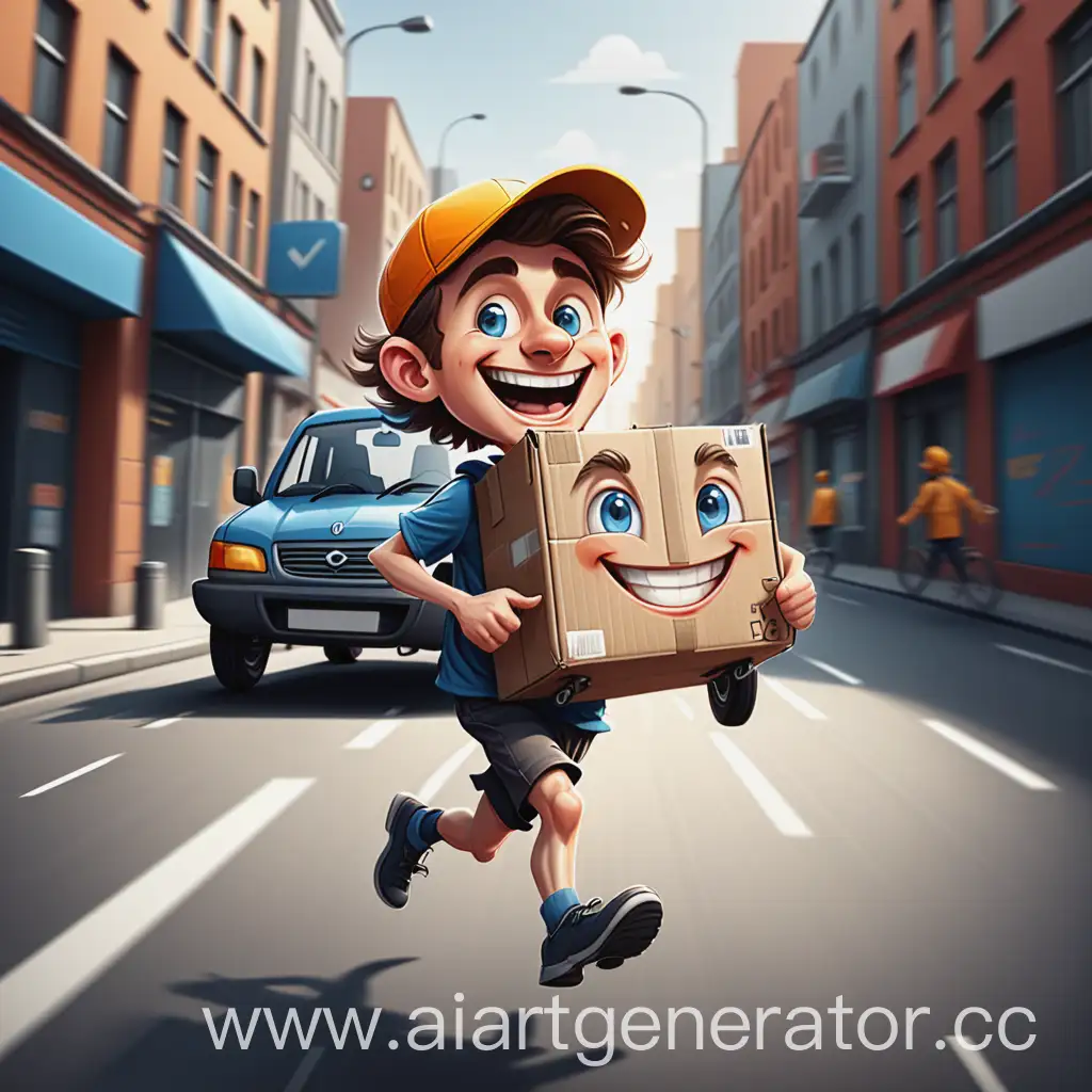 Joyful-Courier-Running-Along-Urban-Road-Followed-by-Car-HandDrawn-Style-Illustration