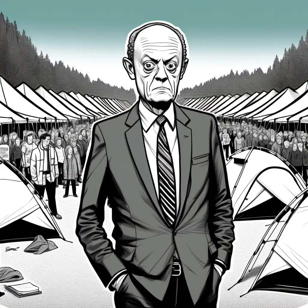 Rex Murphy scowls and looks behind him. His eyes are buggy. His arms are crossed.

Behind him are three camping tents. There is a small group of university student protestors with blank signs in the background. In the style of an Aislin political cartoon.