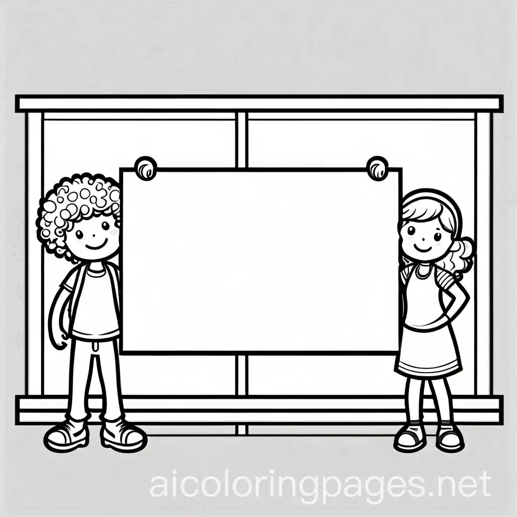 curly haired boy, girl with long straight hair, hanging a blank billboard, Coloring Page, black and white, line art, white background, Simplicity, Ample White Space. The background of the coloring page is plain white to make it easy for young children to color within the lines. The outlines of all the subjects are easy to distinguish, making it simple for kids to color without too much difficulty