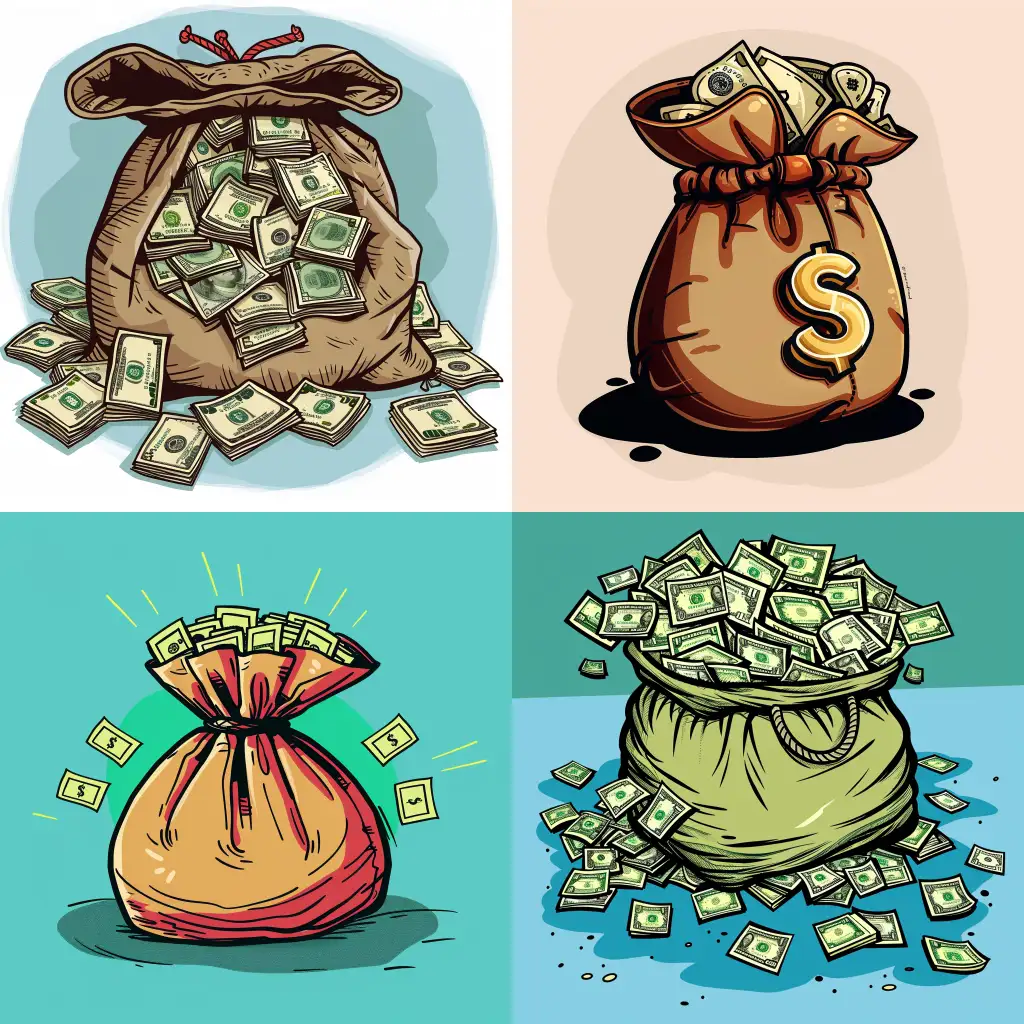create a LOUD HOUSE STYLE cartoon of a BAG FULL OF MONEY

