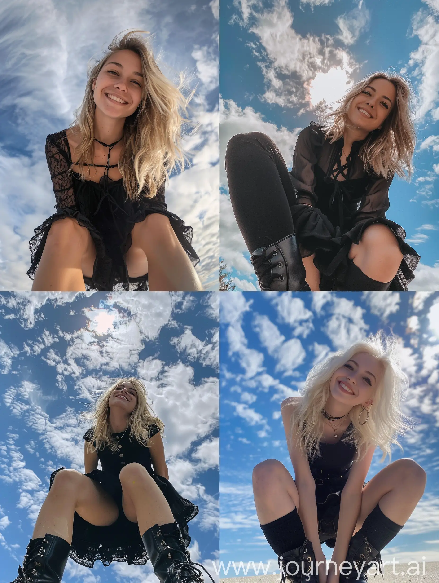 a girl, 22 years old, blonde hair, black dress, black boots, smiling, , squat, squating, no effects, selfie , iphone selfie, no filters, natural , iphone photo natural, camera down angle, sky view, down view