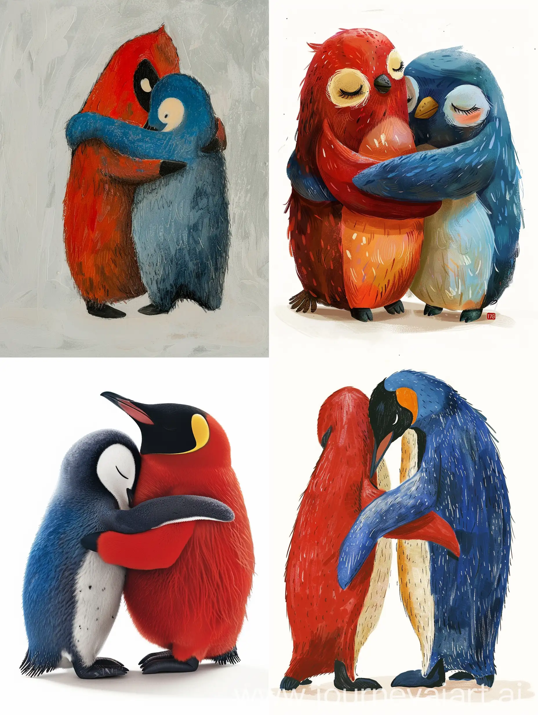 pinguino rojo con un pinguino azul abrazados