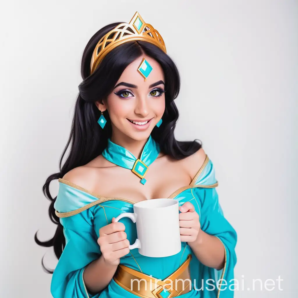 beautiful cosplay girl princess Jasmine smiling with a square white mug on a white background