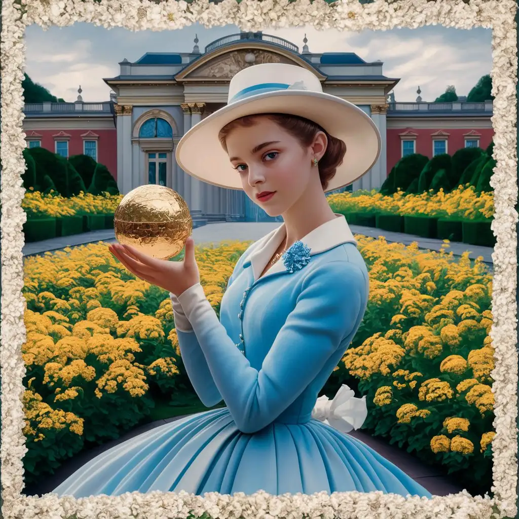 The image depicts a young woman in a blue dress and white hat, holding a golden globe in her hands. She is standing in front of a building with a large archway, surrounded by a garden filled with yellow flowers. The woman's gaze is directed towards the camera, and the image is framed by a border of white flowers.