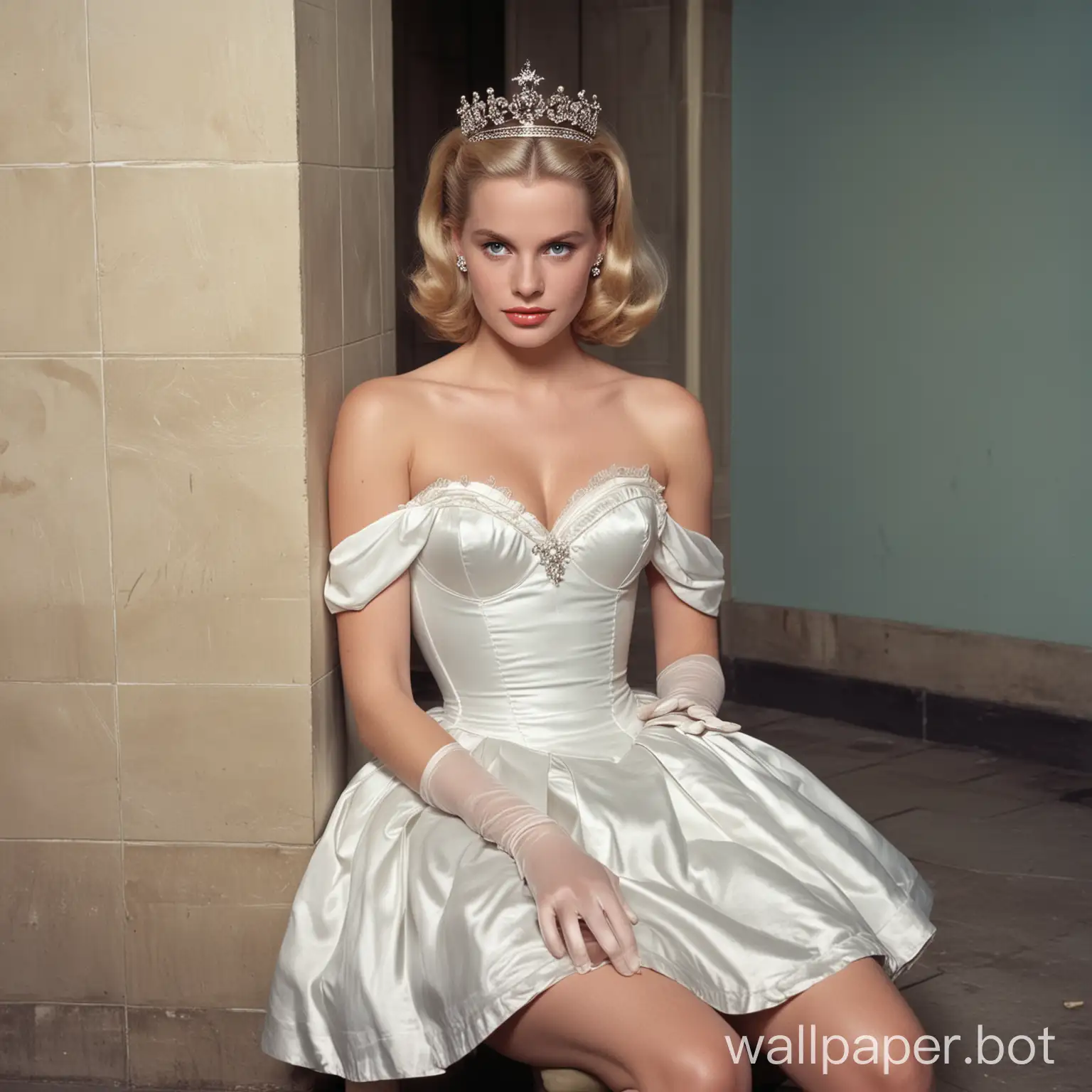In a men's public restroom, the white, beautiful blue-eyed blonde actress Grace Kelly, slim and young, with a crown on her knees, is wearing a white silk off-shoulder sleeveless dress, a white silk push-up corset, and white silk opera length gloves. There is disgust on her face. The white Queen Grace Kelly, in a crown, begs on her knees in front of two black male homeless men with their pants down. The queen's mouth is open extra wide. View from above.