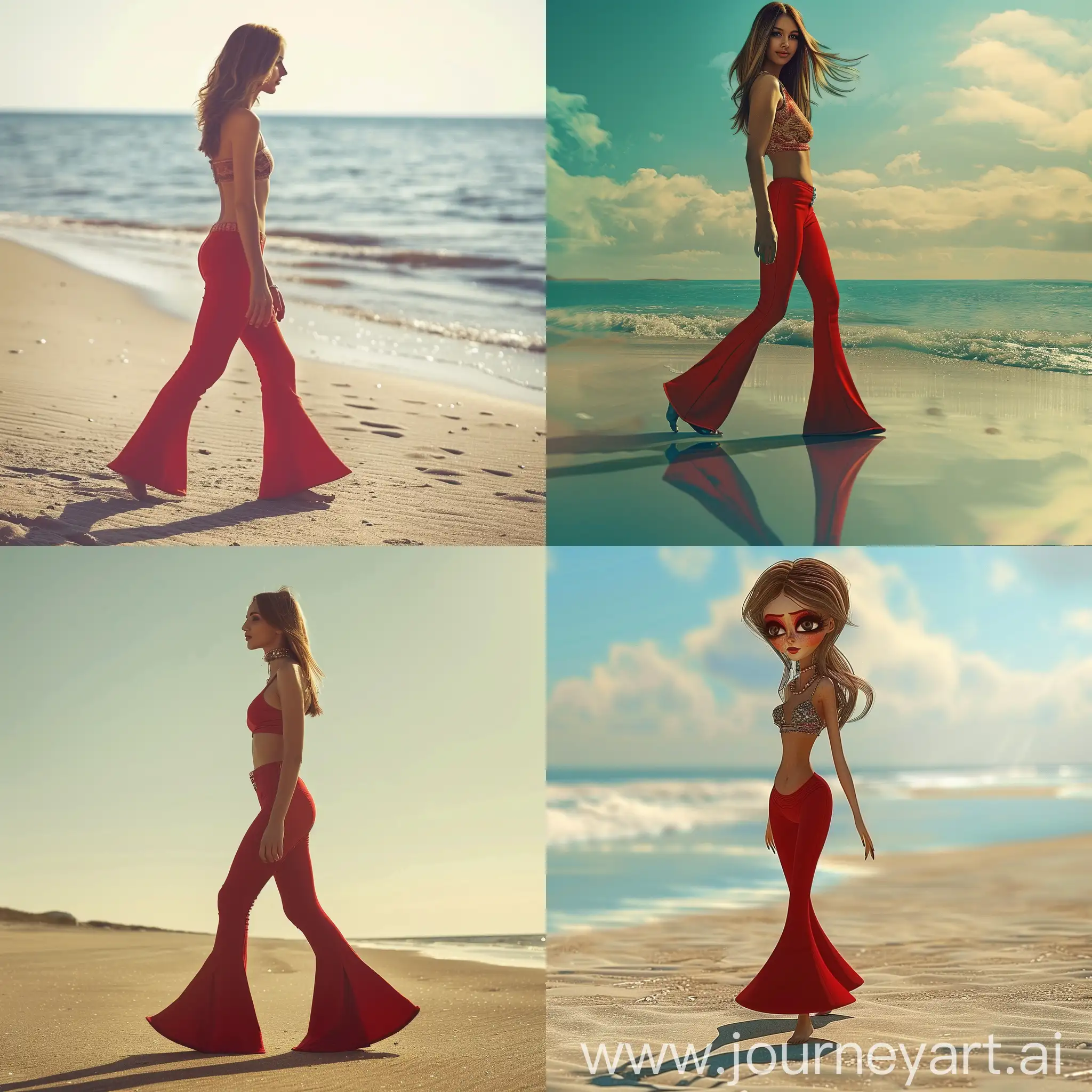 A beautiful girl with a skinny body is walking on the beach. She is wearing a red bell bottom and has a very beautiful face.