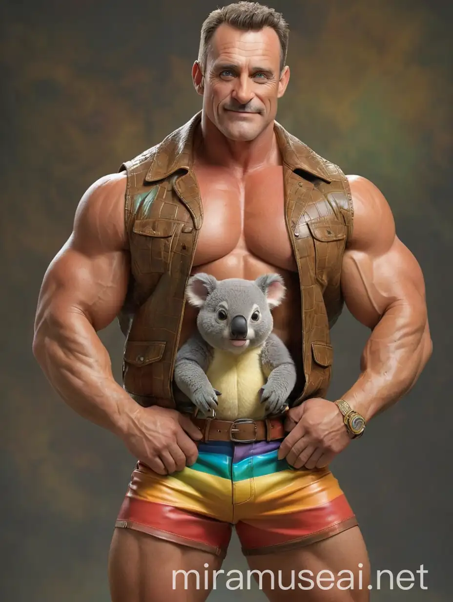 Topless 40s IFBB Bodybuilder Muscled Daddy with Big Beautiful Eyes wearing unbuttoned Crocodile Skin Vest Mixed Rainbow Coloured Short Shorts leather boots Flexing his Big Strong Arm holding Small Koala
