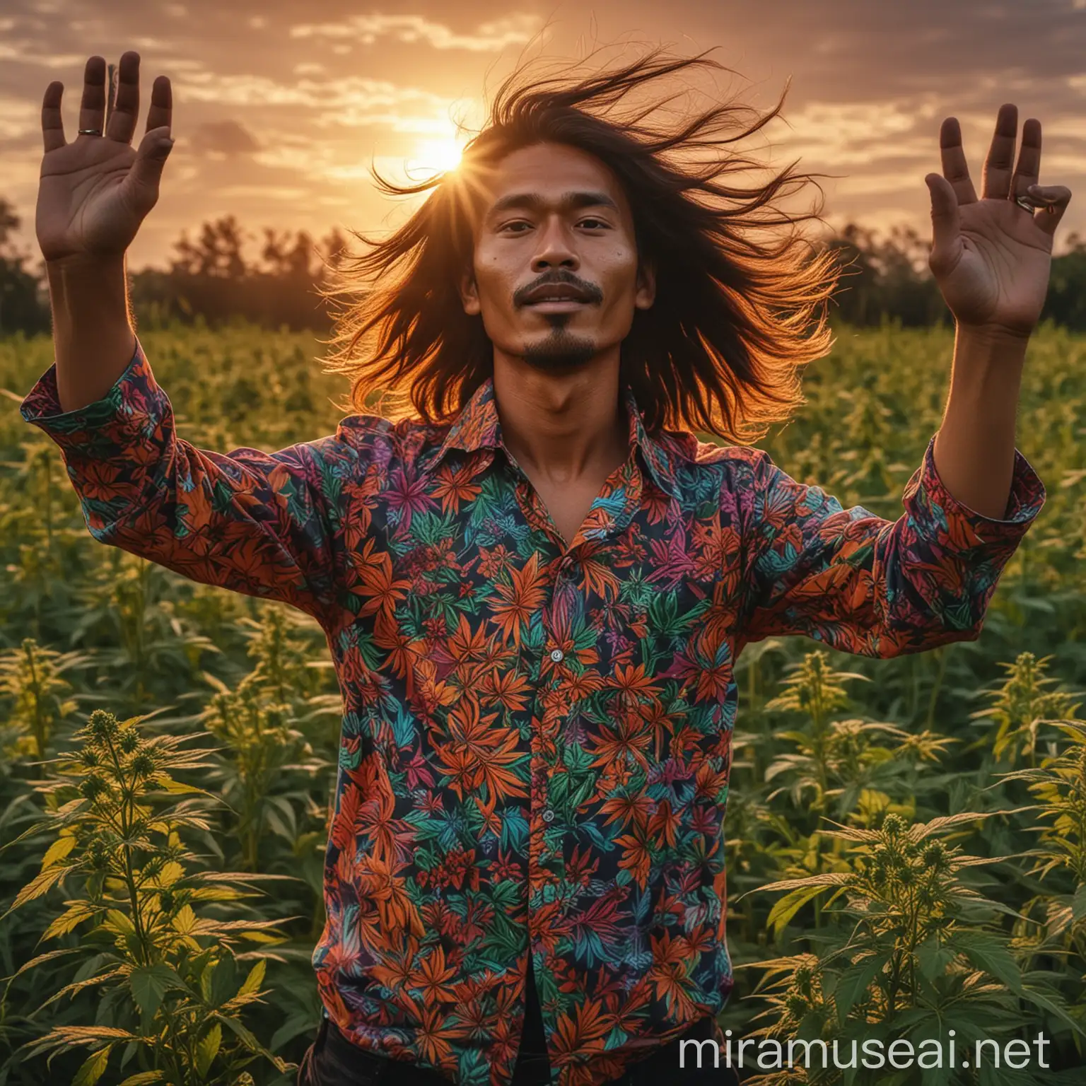 realistic photo,laki laki indonesia, age 40, berambut panjang ditiup angin, memakai kemeja psychedelic,membentangkan tangan, berdiri di tengah ladang ganja ,pada sore hari,sunset menyorti, HD kualitas, focus camera canon