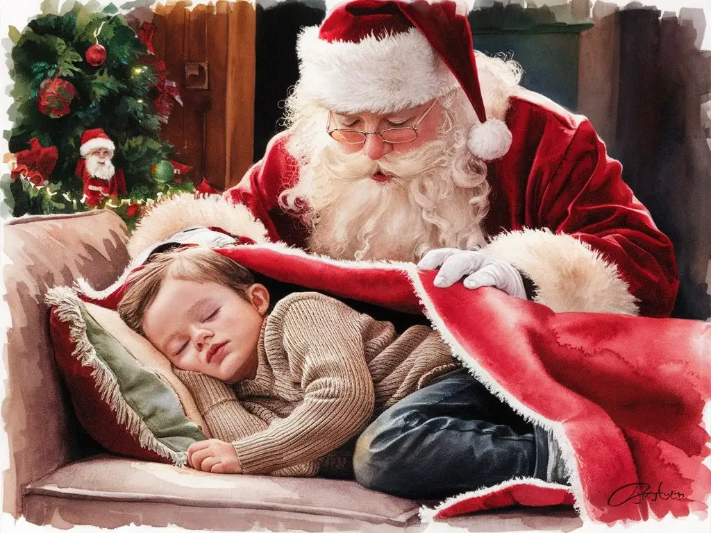 a watercolor painting realistic lifelike young child that has fallen asleep on a couch waiting for santa to arrive. Santa is covering the child up with a blanket.